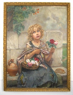 Little Rose Seller - Kleine Rosenverkäuferin - Early 20thC Genre Oil Painting