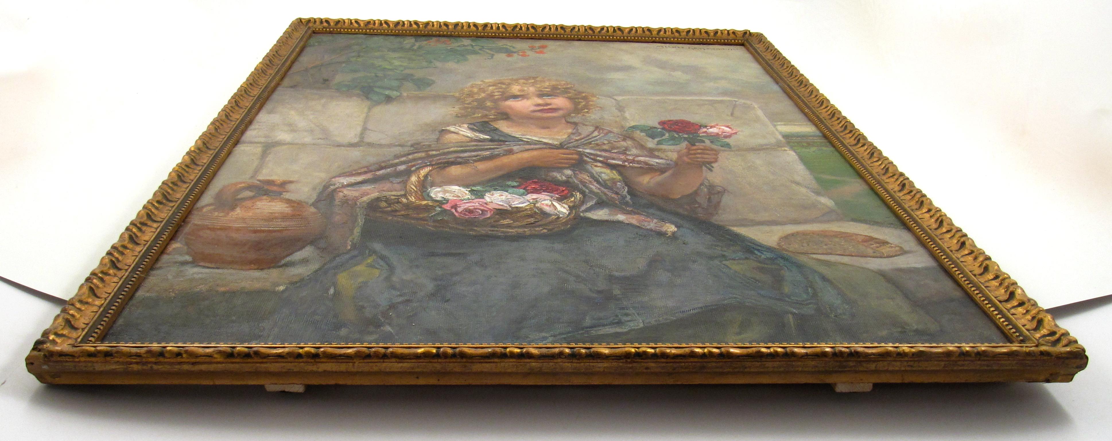 Hedwig Mechle – Grossmann (1857 - 1928) Rose Flower Girl , 1920 - Oil Painting - Brown Portrait Painting by Hedwig Mechle-Grossmann