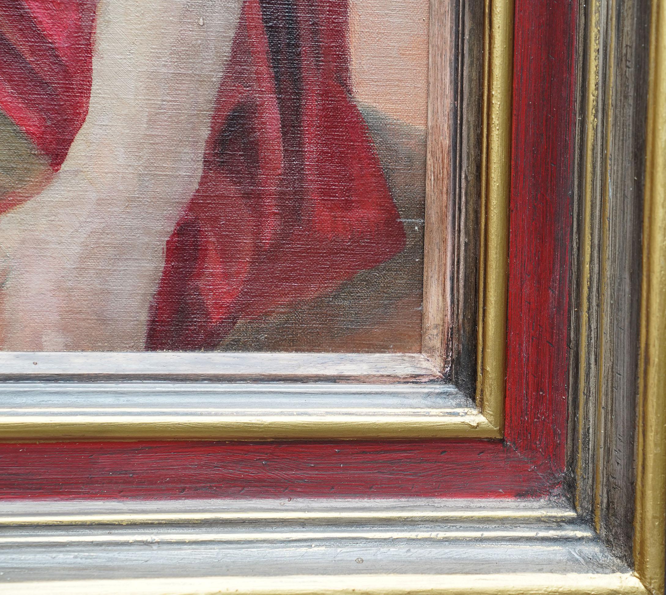 Ritratto di signora con scialle rosso - Quadro ad olio di arte post impressionista britannica degli anni '30 in vendita 5