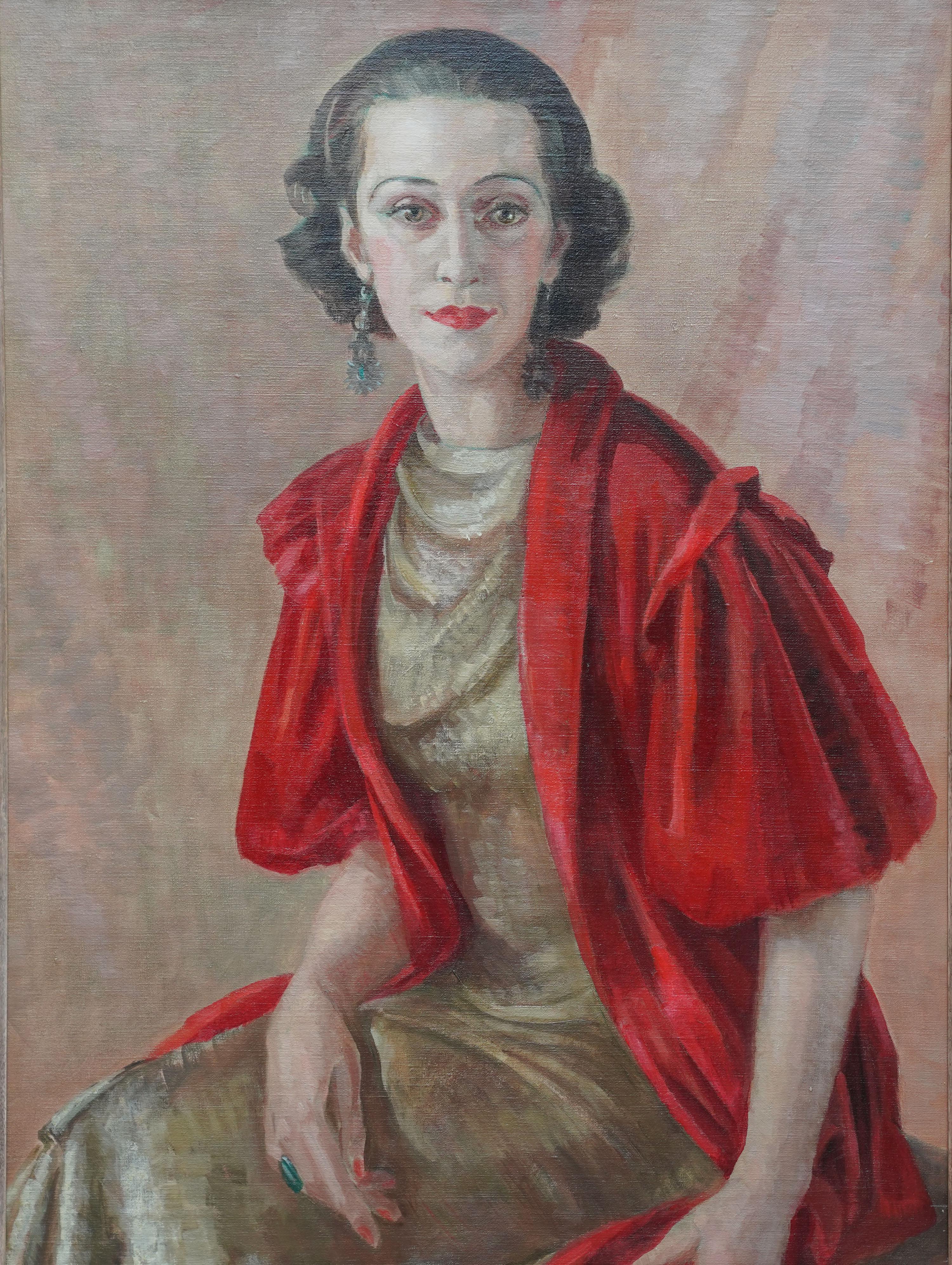 Ritratto di signora con scialle rosso - Quadro ad olio di arte post impressionista britannica degli anni '30 in vendita 7