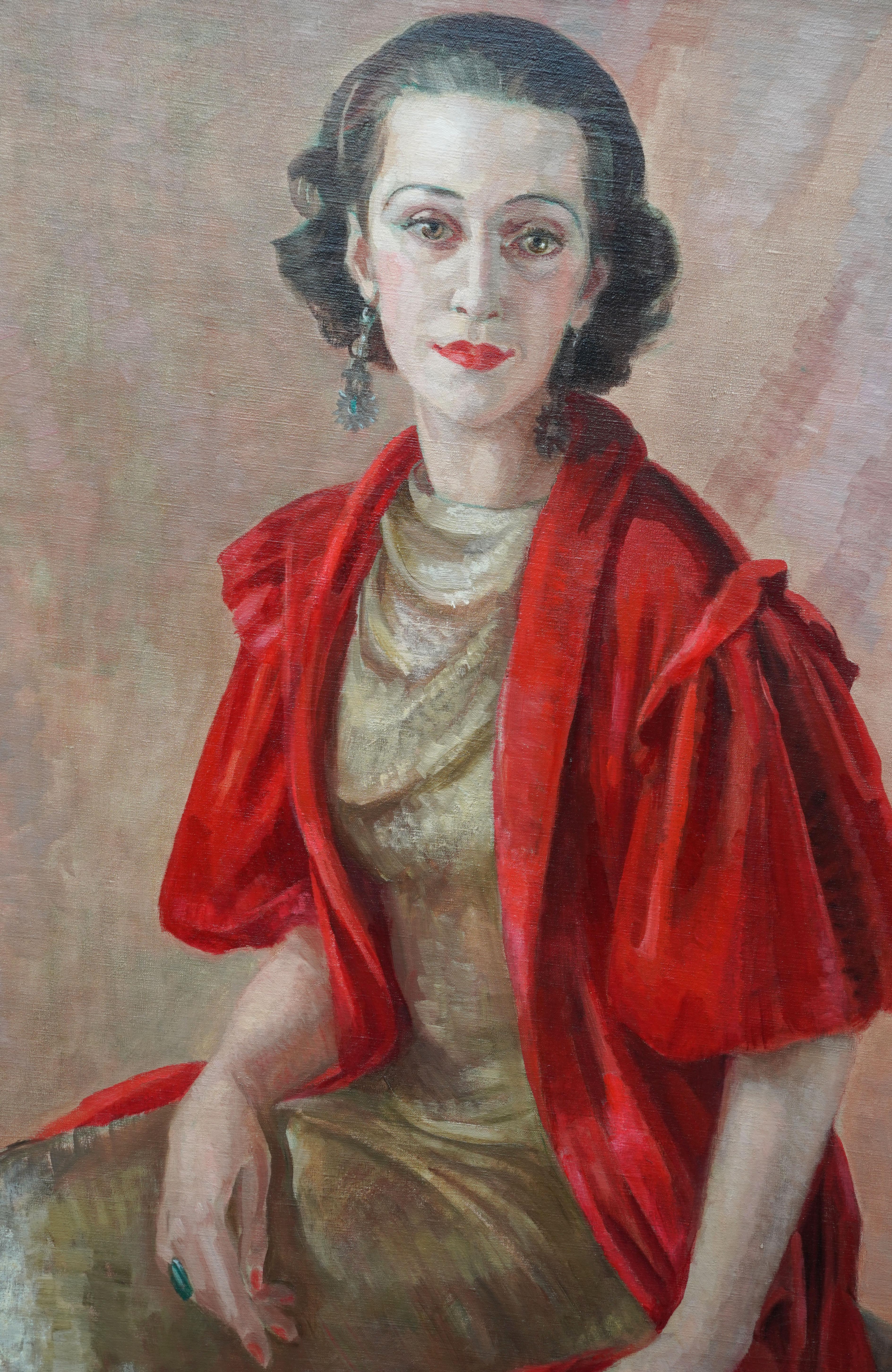 Ritratto di signora con scialle rosso - Quadro ad olio di arte post impressionista britannica degli anni '30 - Painting Postimpressionismo di Hedwig Pillitz
