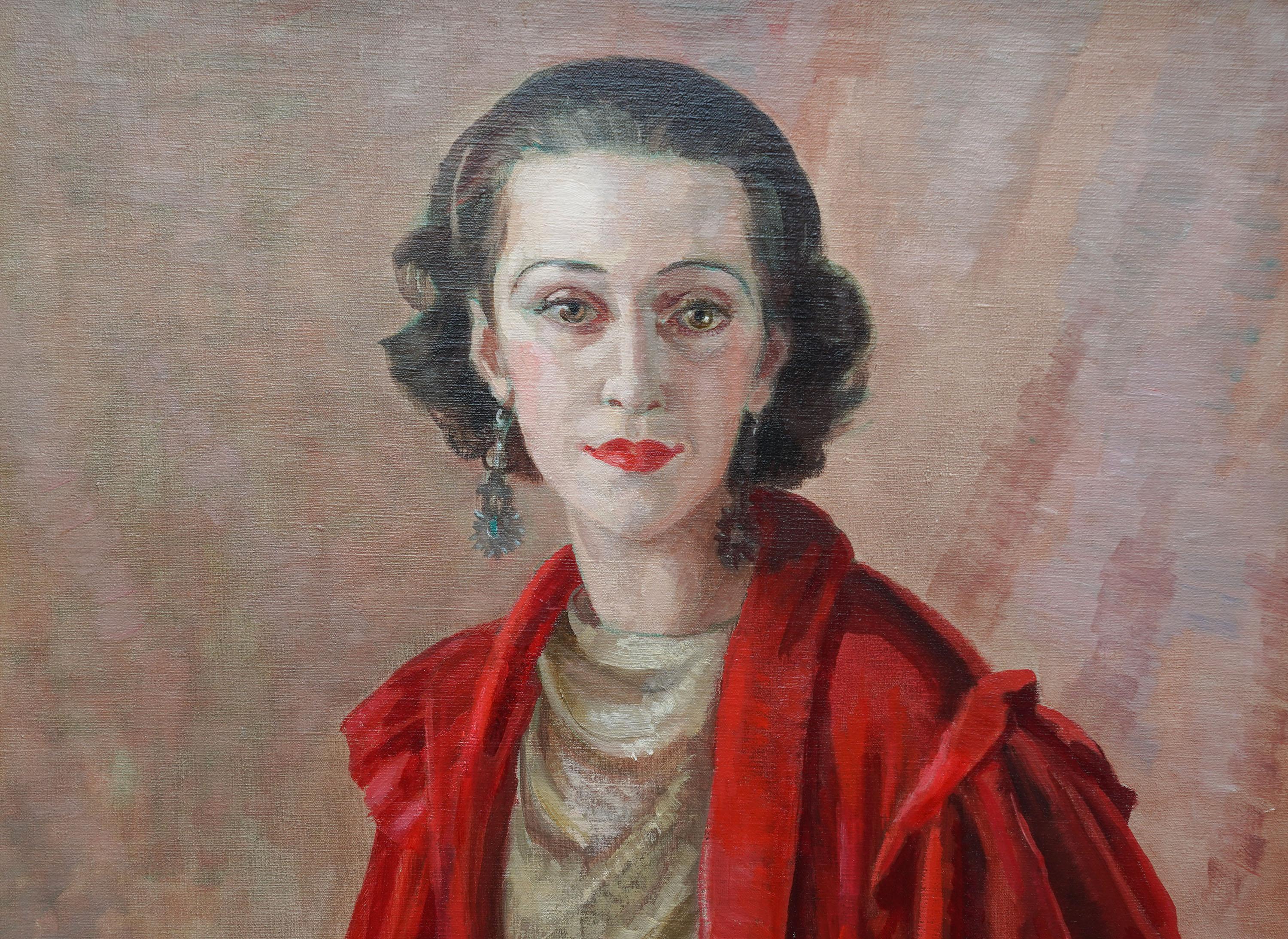 Ritratto di signora con scialle rosso - Quadro ad olio di arte post impressionista britannica degli anni '30 - Portrait Painting Grigio di Hedwig Pillitz