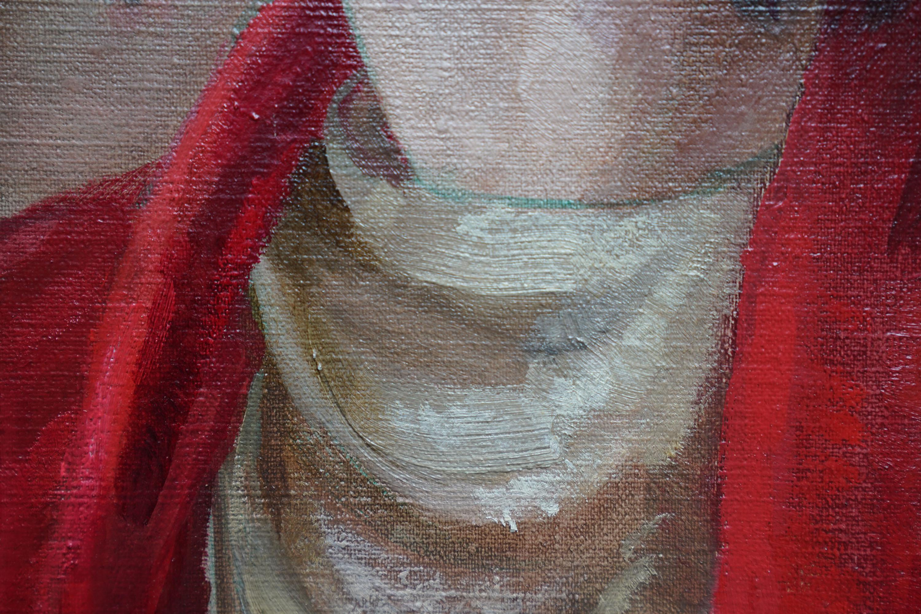 Ritratto di signora con scialle rosso - Quadro ad olio di arte post impressionista britannica degli anni '30 in vendita 3