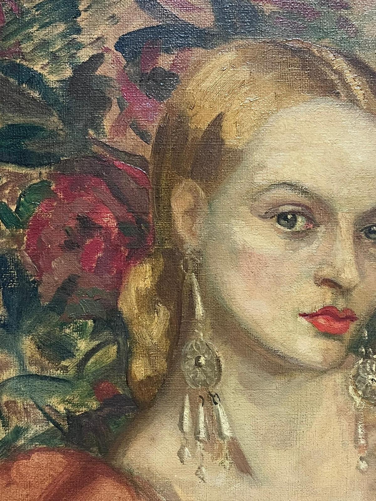 1930's Beautiful Portrait Oil Painting of Young Blonde Lady  Floral Background 5