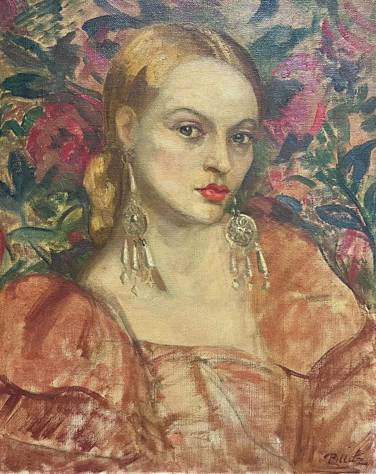 HEDWIG PILLITZ Portrait Painting - 1930's Beautiful Portrait Oil Painting of Young Blonde Lady  Floral Background