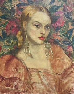 1930's Beautiful Portrait Oil Painting of Young Blonde Lady  Floral Background