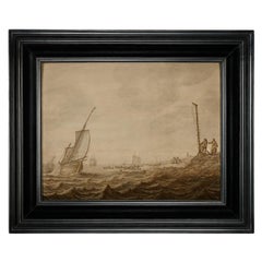 Peinture à la plume représentant des navires sur des eaux agitées près d'une côte avec une balise.