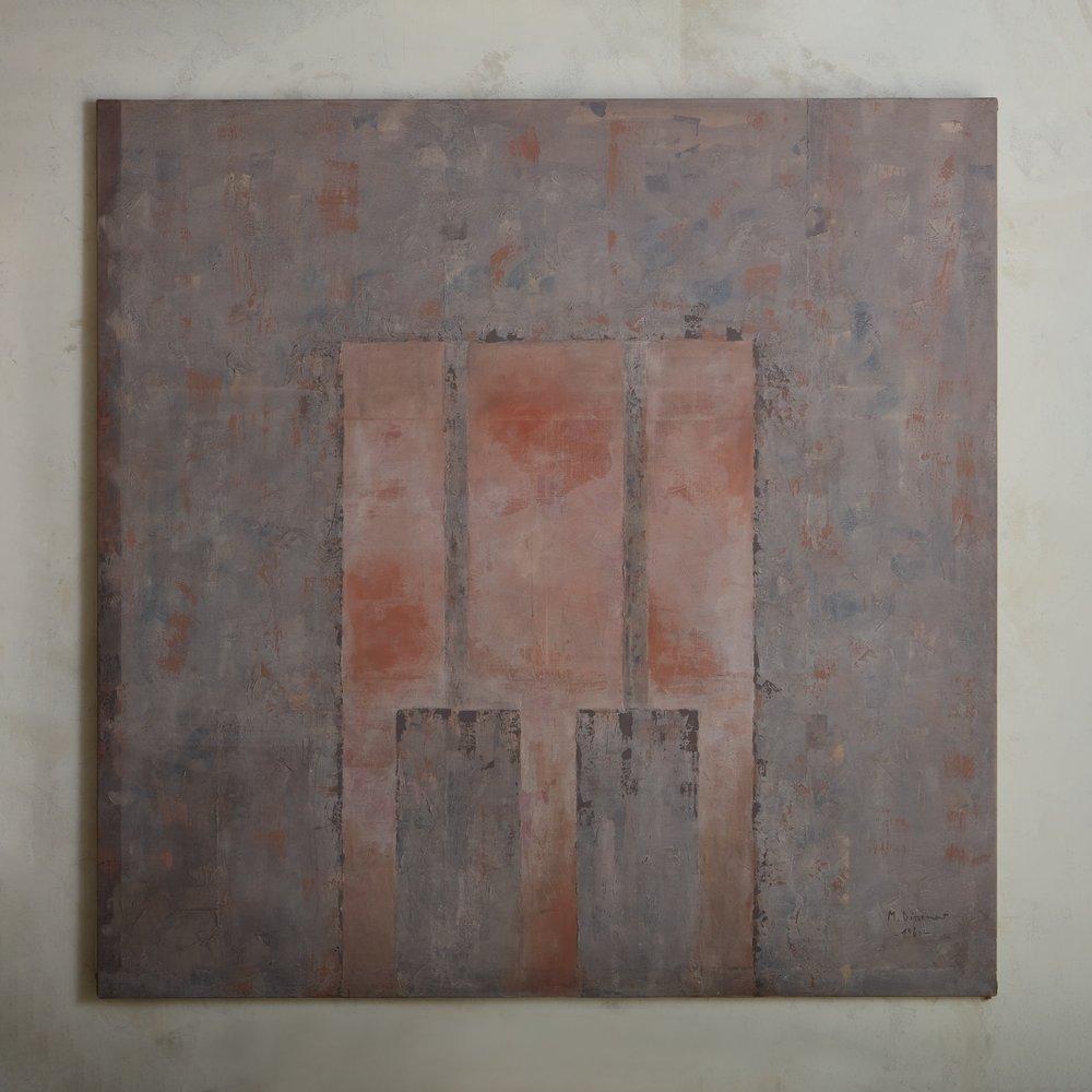 A monumental abstract painting on canvas by Argentinian artist Marjolaine Degremont in 1986. This painting features rich pink, purple and gray hues in a geometric design. Signed “Marjolaine Degremont - Hégire VIII - 1986” en verso. Sourced in France.