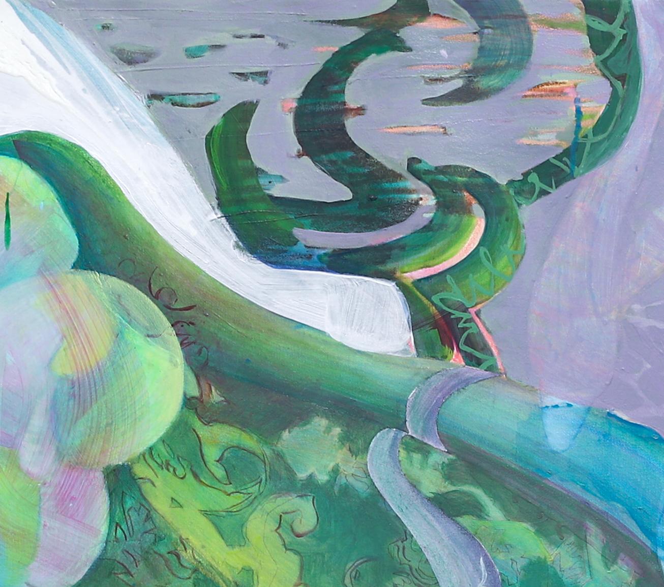 Baroque (2023) ist ein Beispiel für Heide Follins vielschichtige Herangehensweise an die Abstraktion, bei der Acryl, bemalter Chiffon, mit Day-Glo bedruckter Stoff und Farbhäute zu einer lebendigen, fühlbaren Oberfläche verschmelzen. Wirbel aus