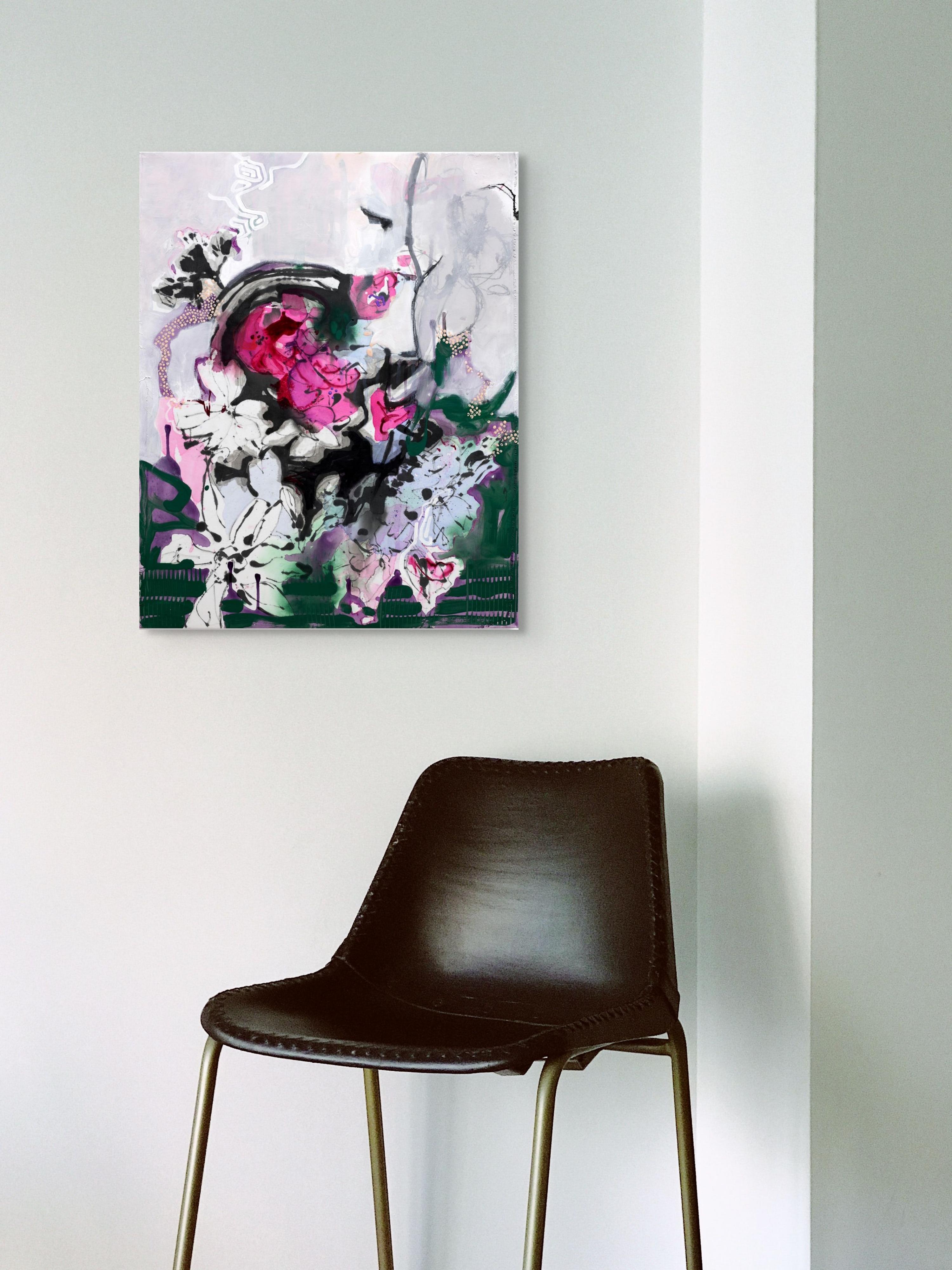 Claudias Geschenk, 30 x 24 in, abstrakte florale Mixed Media Malerei auf Leinwand – Painting von Heide Follin