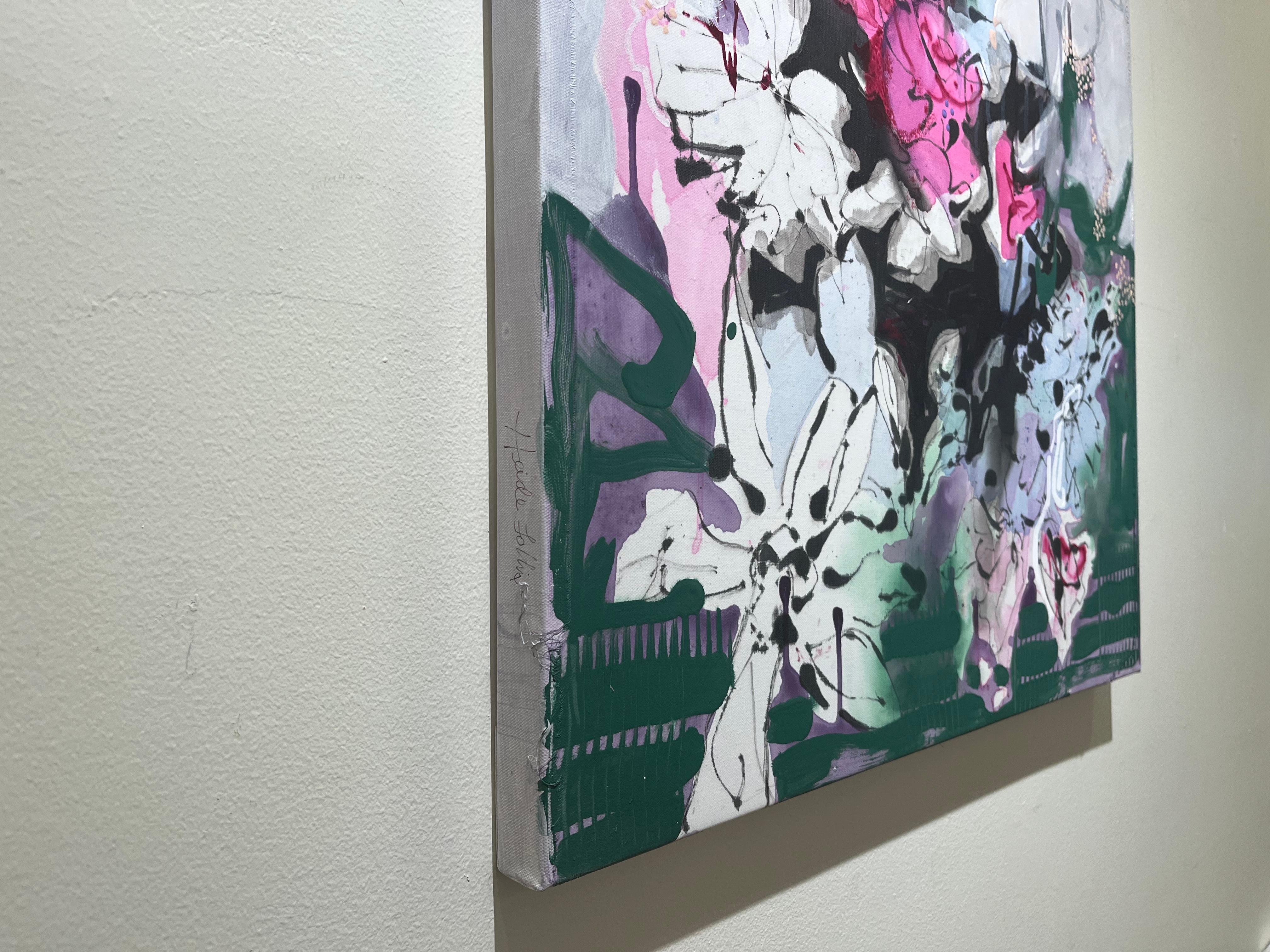 Claudias Geschenk, 30 x 24 in, abstrakte florale Mixed Media Malerei auf Leinwand (Grau), Abstract Painting, von Heide Follin