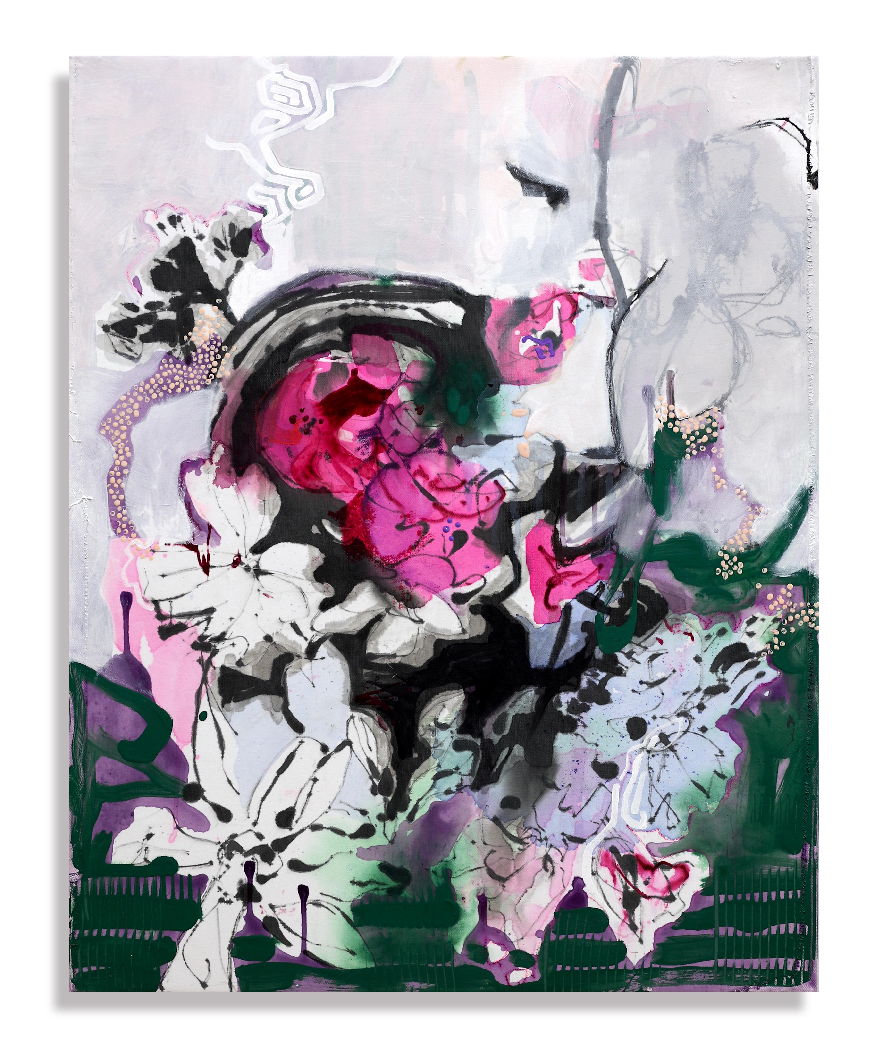 Claudia's Gift von Heide Follin ist ein üppiges, mehrschichtiges abstraktes Blumengemälde, das Acryl und schwarze Tinte mit Chiffonstoff auf einer aufgespannten Leinwand vereint. Follins ausdrucksstarke Pinselführung und durchscheinende Farbschleier