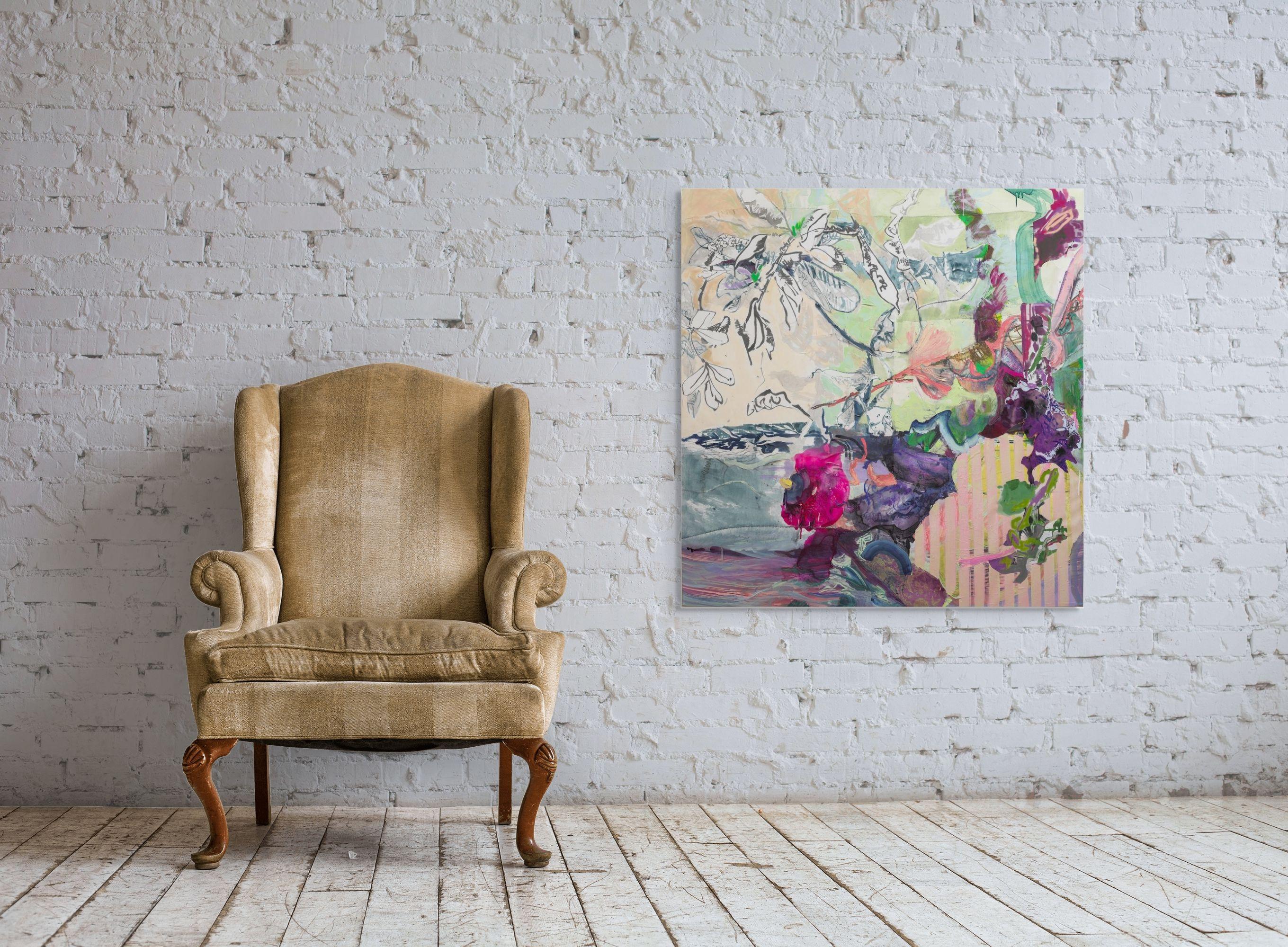 Tangled Vine, große lebendige abstrakte botanische Malerei, 50 x 52 in. – Painting von Heide Follin