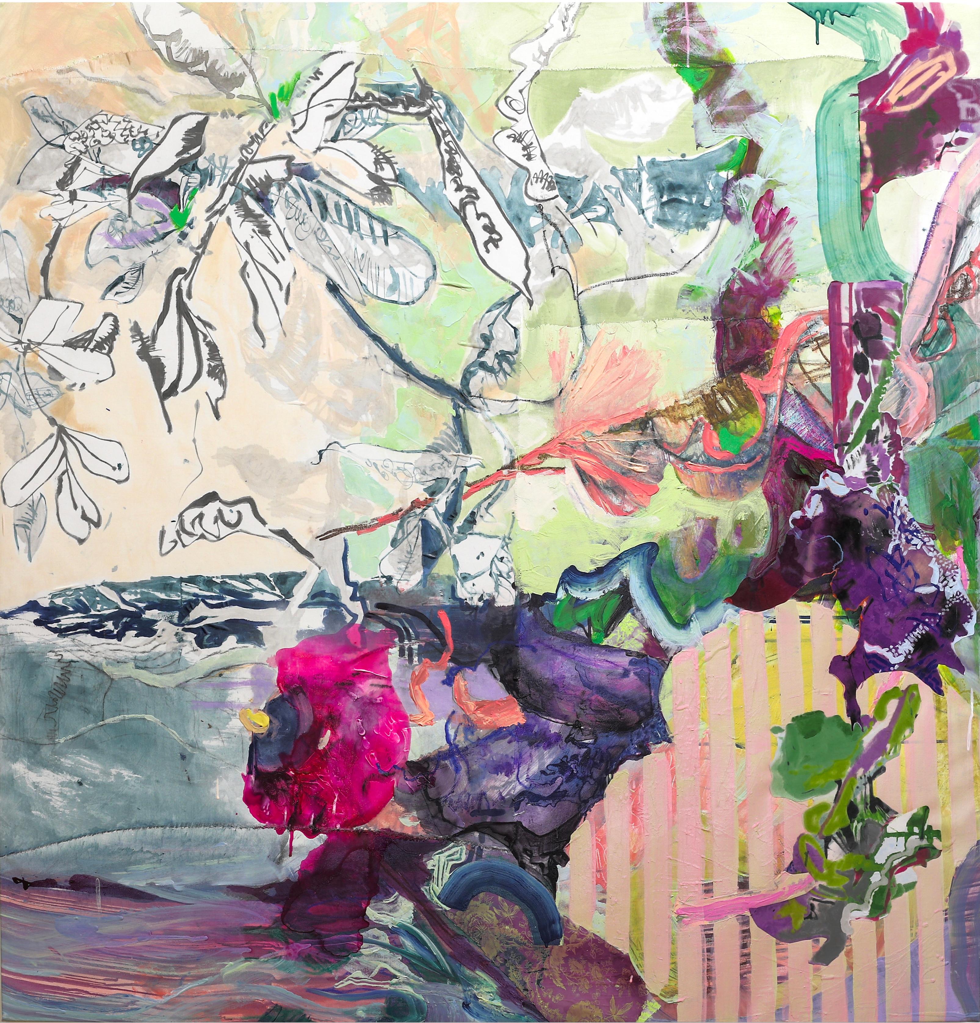 Tangled Vine, große lebendige abstrakte botanische Malerei, 50 x 52 in. im Angebot 3