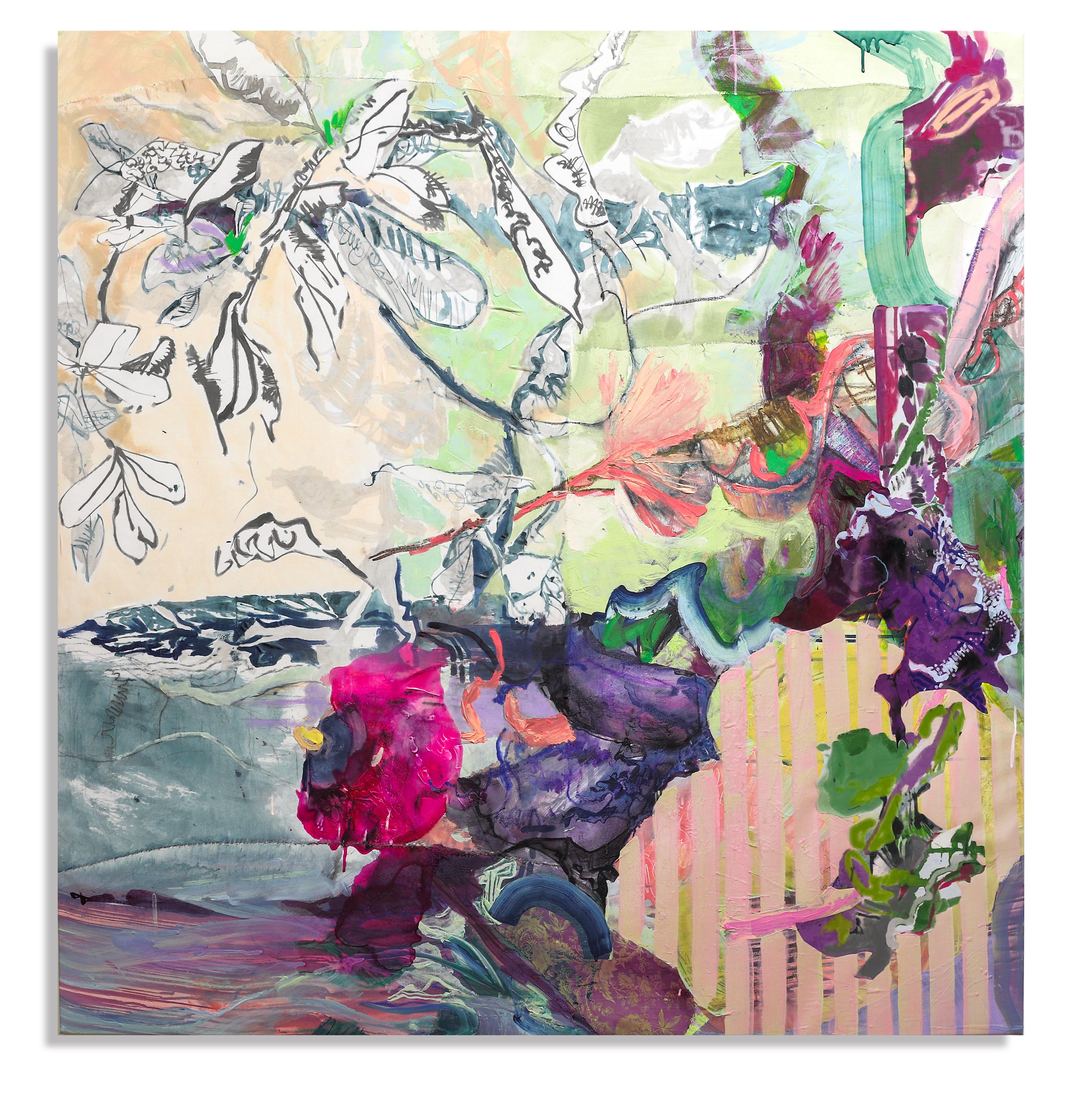 Tangled Vine, große lebendige abstrakte botanische Malerei, 50 x 52 in.