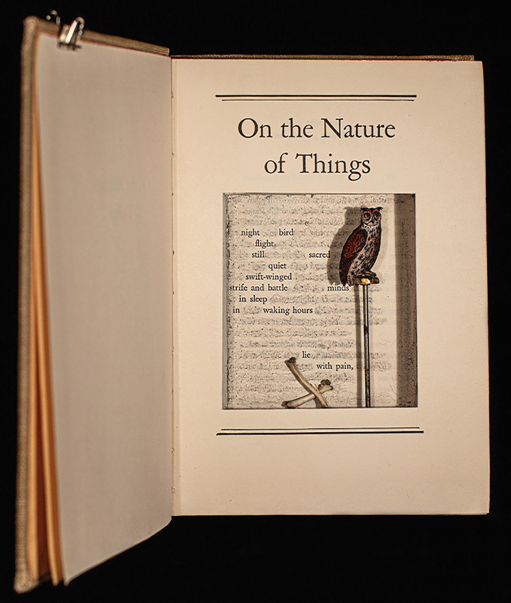 Assemblage in century old excavated book: 'On the Nature of Things'' - Sculpture by Heide Hatry