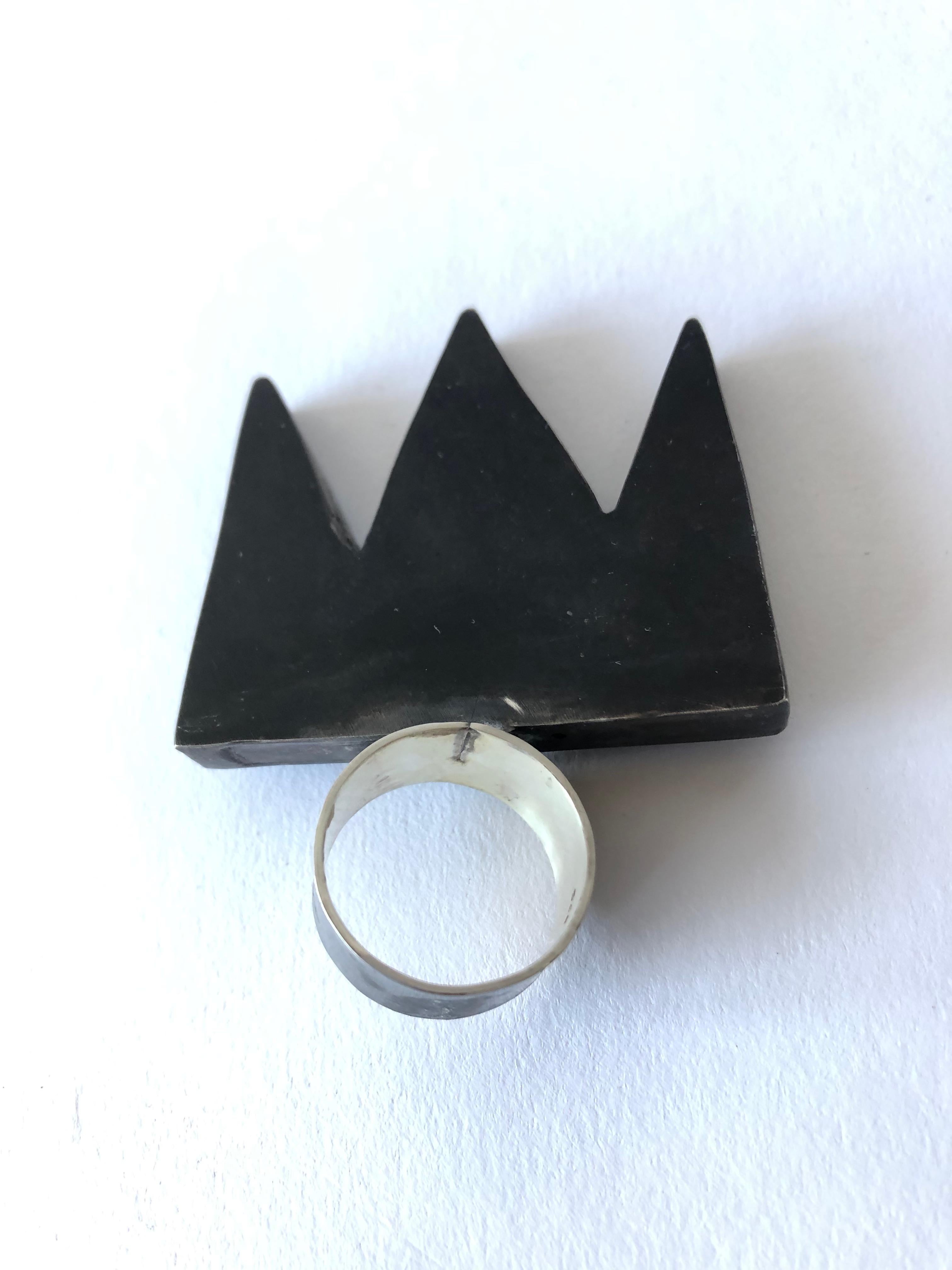 Large scale oxidized sterling silver crown ring entitled 