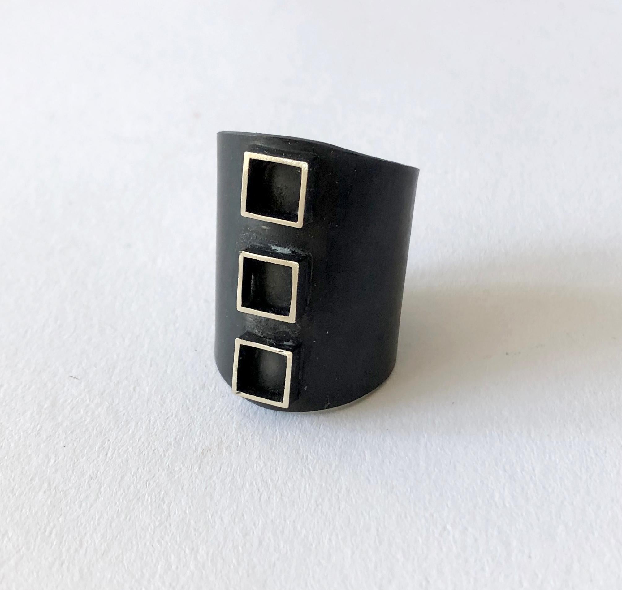 Oxidized sterling silver modernist ring with three open square elements, created by Heidi Abrahamson. Ring is a finger size 10.5 - 11 and measures 1.25