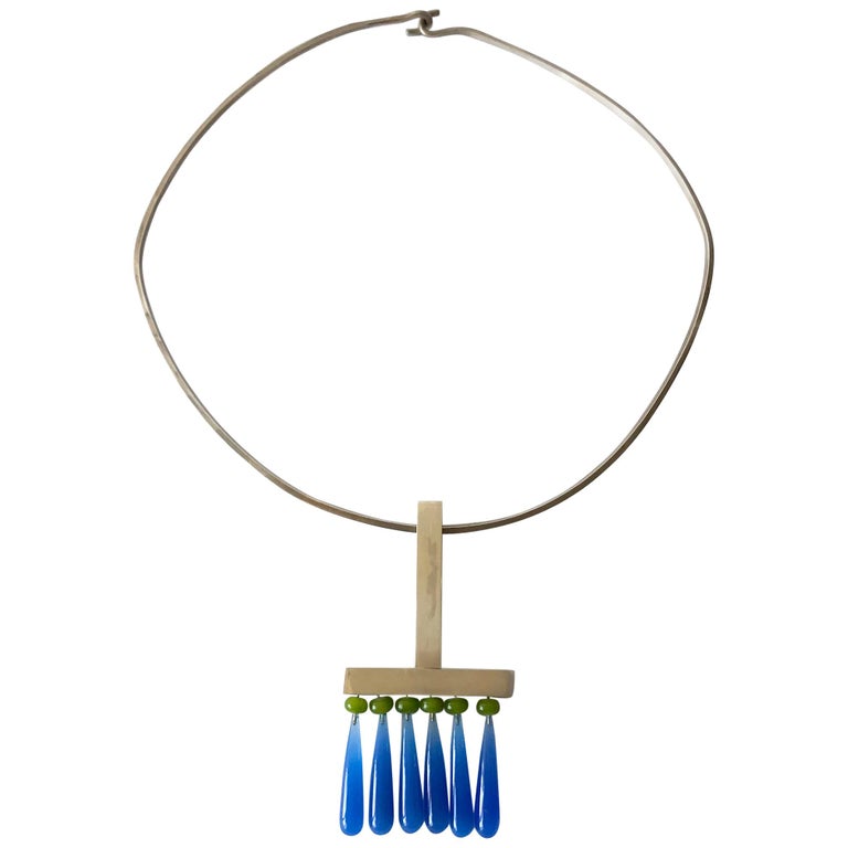 Heidi Abrahamson Sterling Silver Blue Onyx Architectural Modern Pendant Necklace For Sale