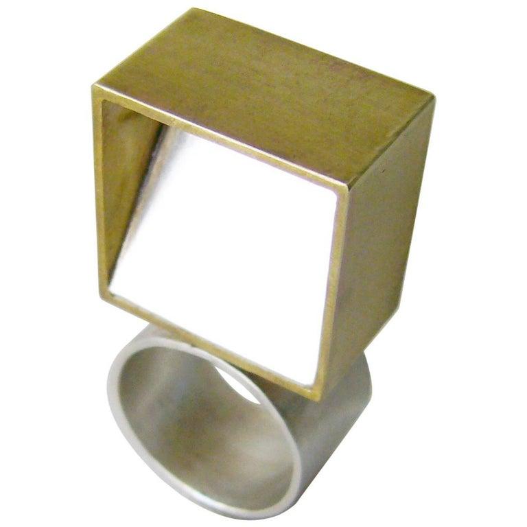 Artisan Heidi Abrahamson Sterling Silver Brass Cubist Geometric Ring For Sale