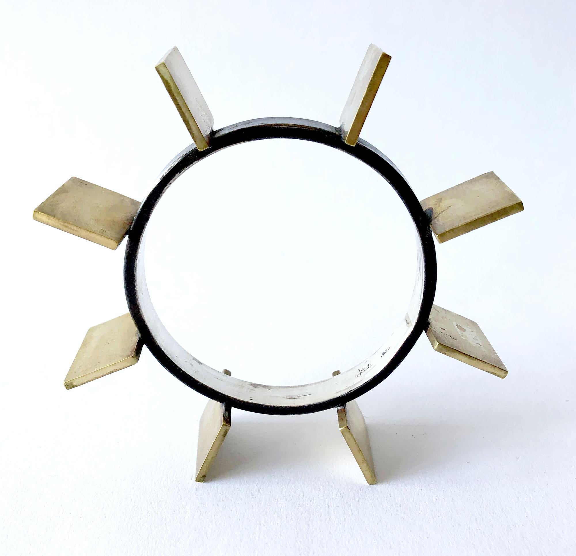 Oxidized sterling silver and brass geometric modernist bracelet by Heidi Abrahamson.  Bracelet measures 2.75