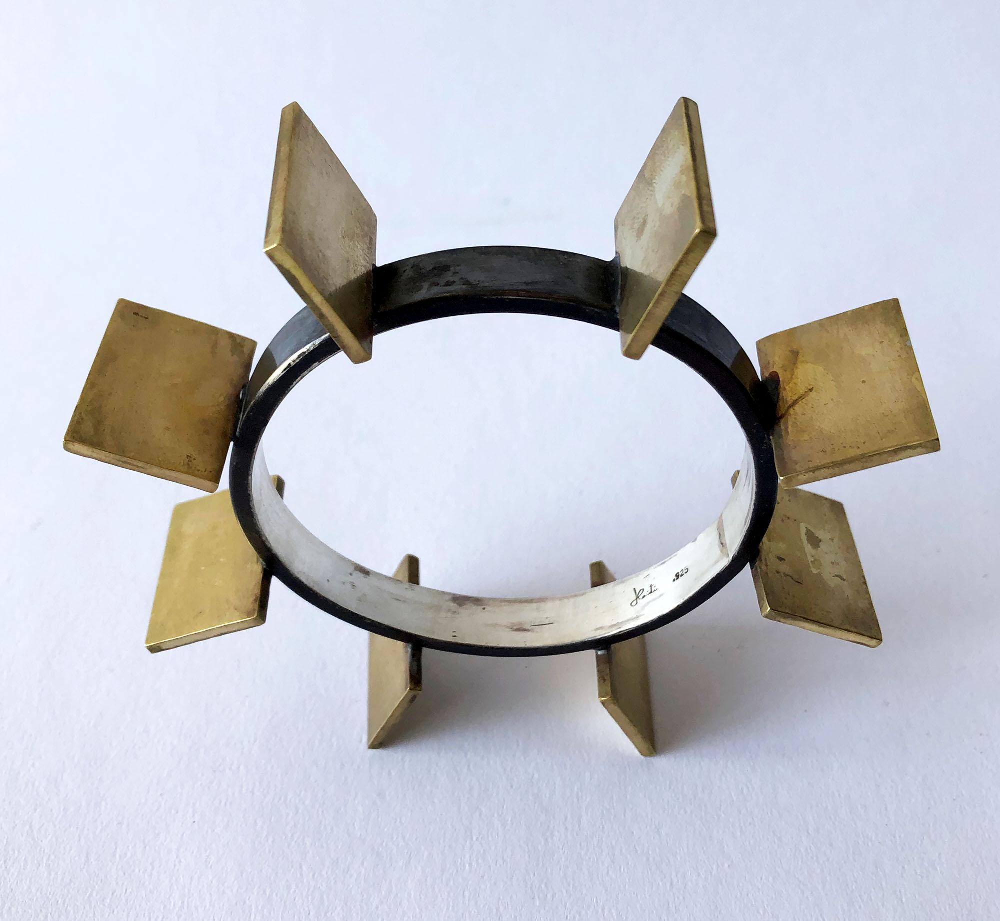 Artisan Heidi Abrahamson Sterling Silver Brass Geometric Modernist Bracelet For Sale