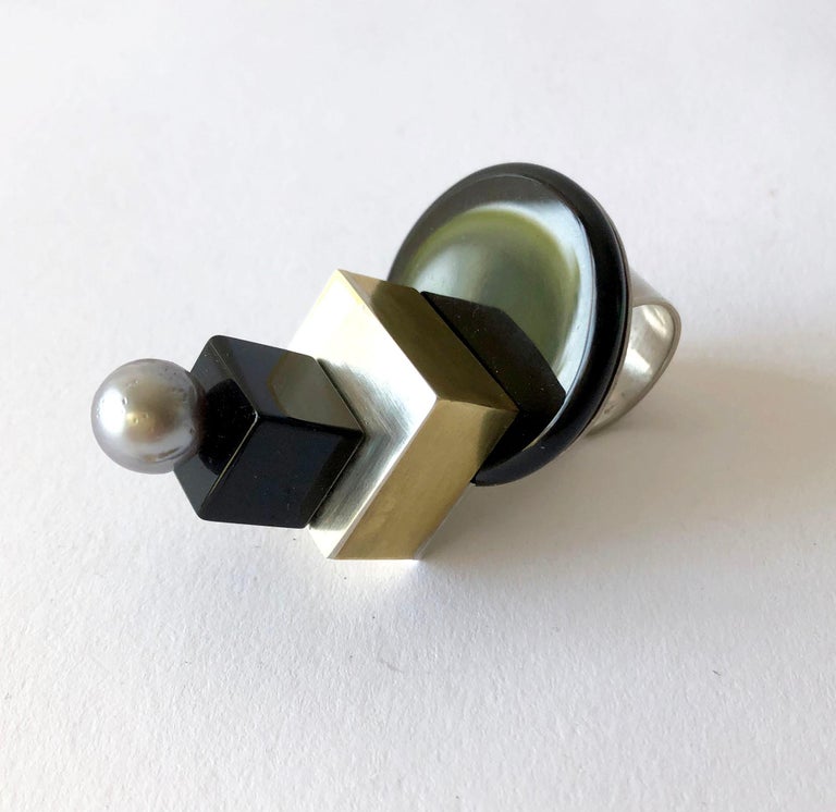 Women's Heidi Abrahamson Sterling Silver Onyx Brass Tahitian Pearl Post Modernist Ring For Sale