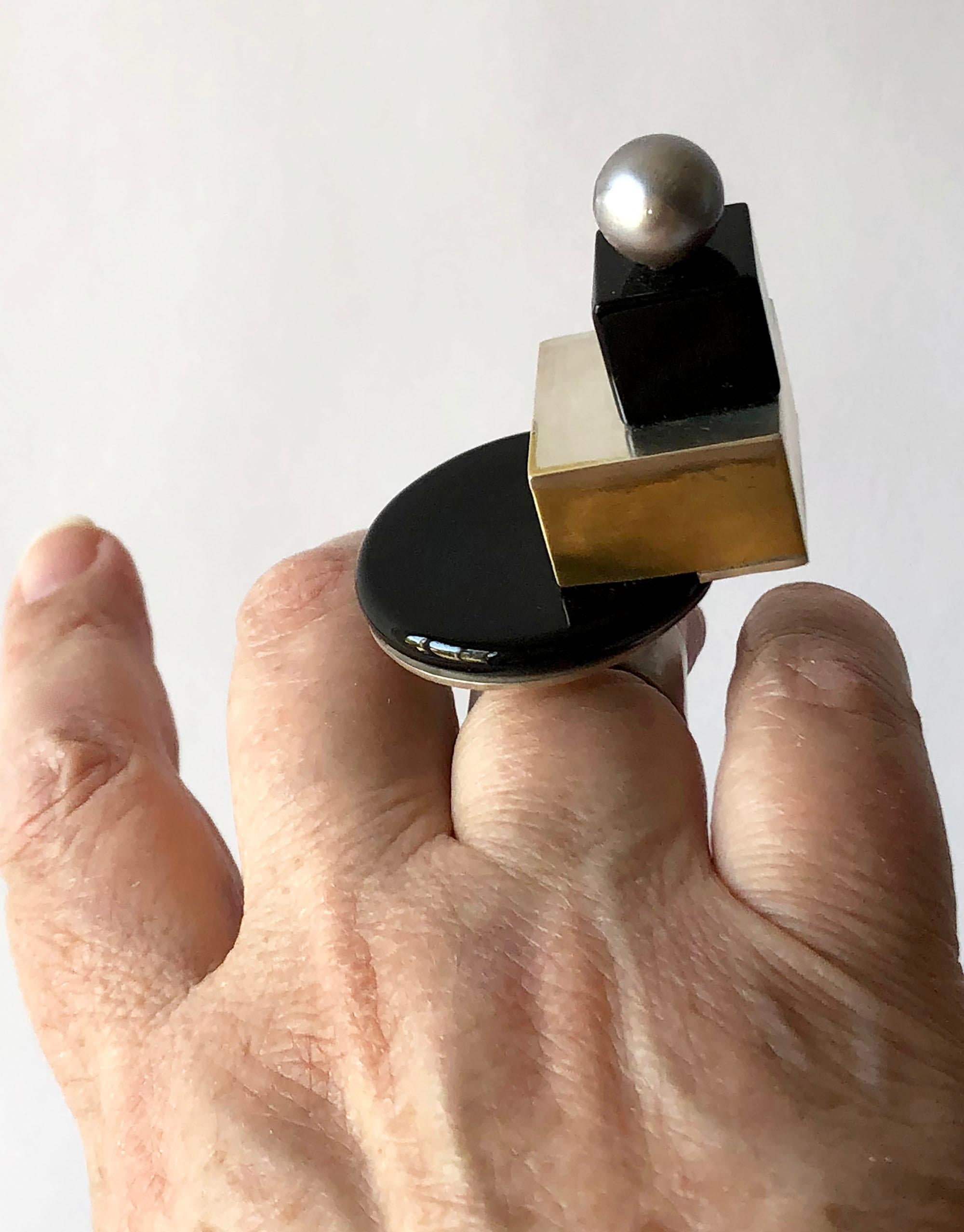 Bead Heidi Abrahamson Sterling Silver Onyx Brass Tahitian Pearl Post Modernist Ring For Sale