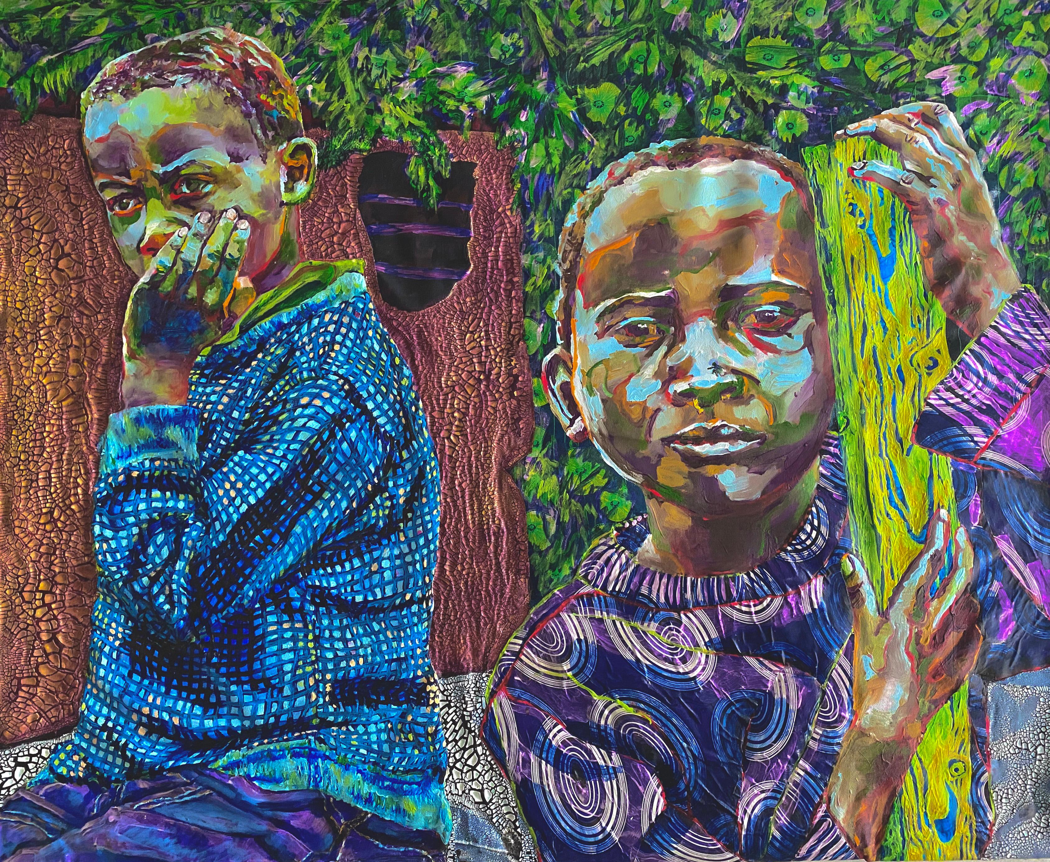 Siblings with Mud House - Mixed Media Art by Heidi Brueckner