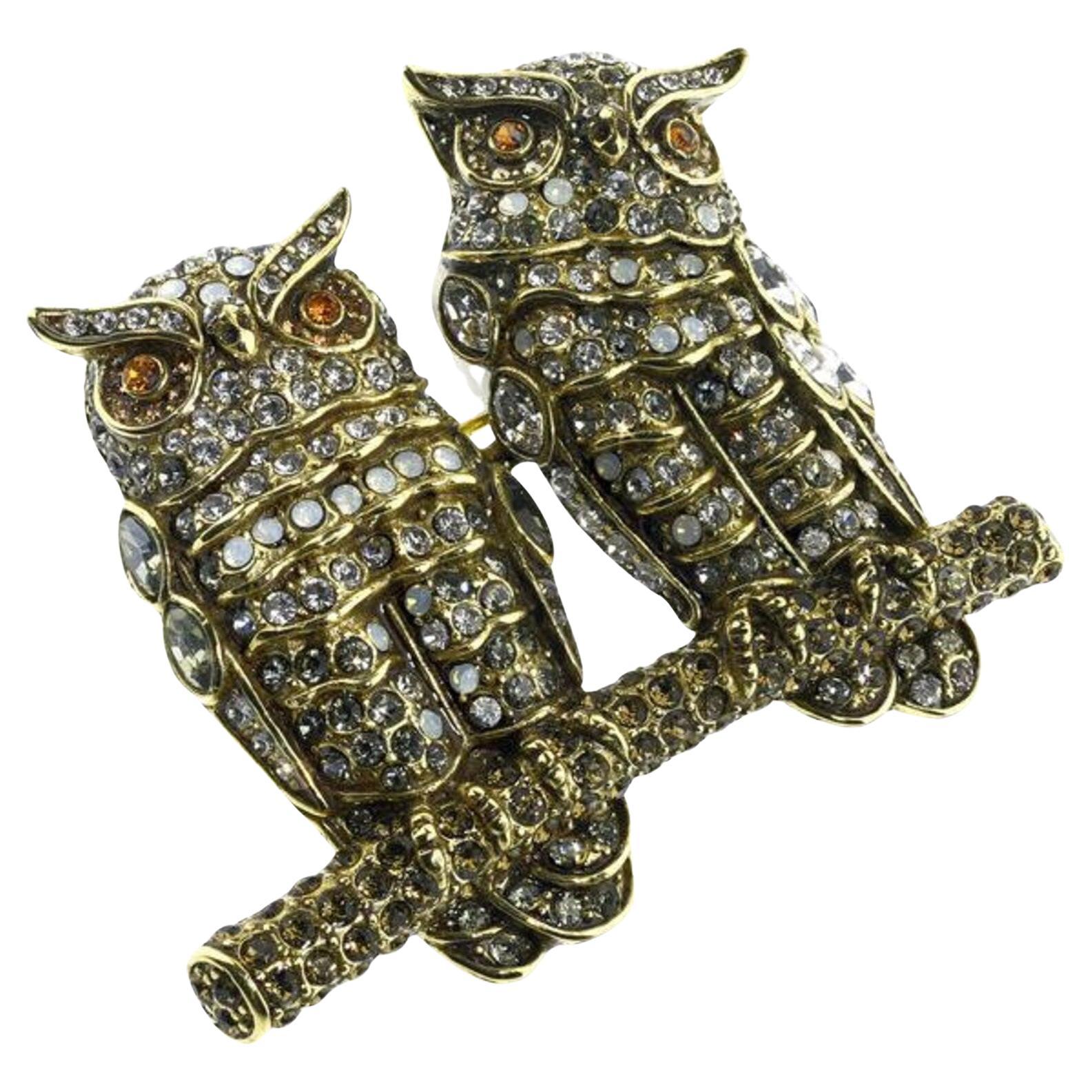 Heidi Daus 20/20 Sparkle Crystal Pair of Owls Pin Brooch Swarovski Elements For Sale