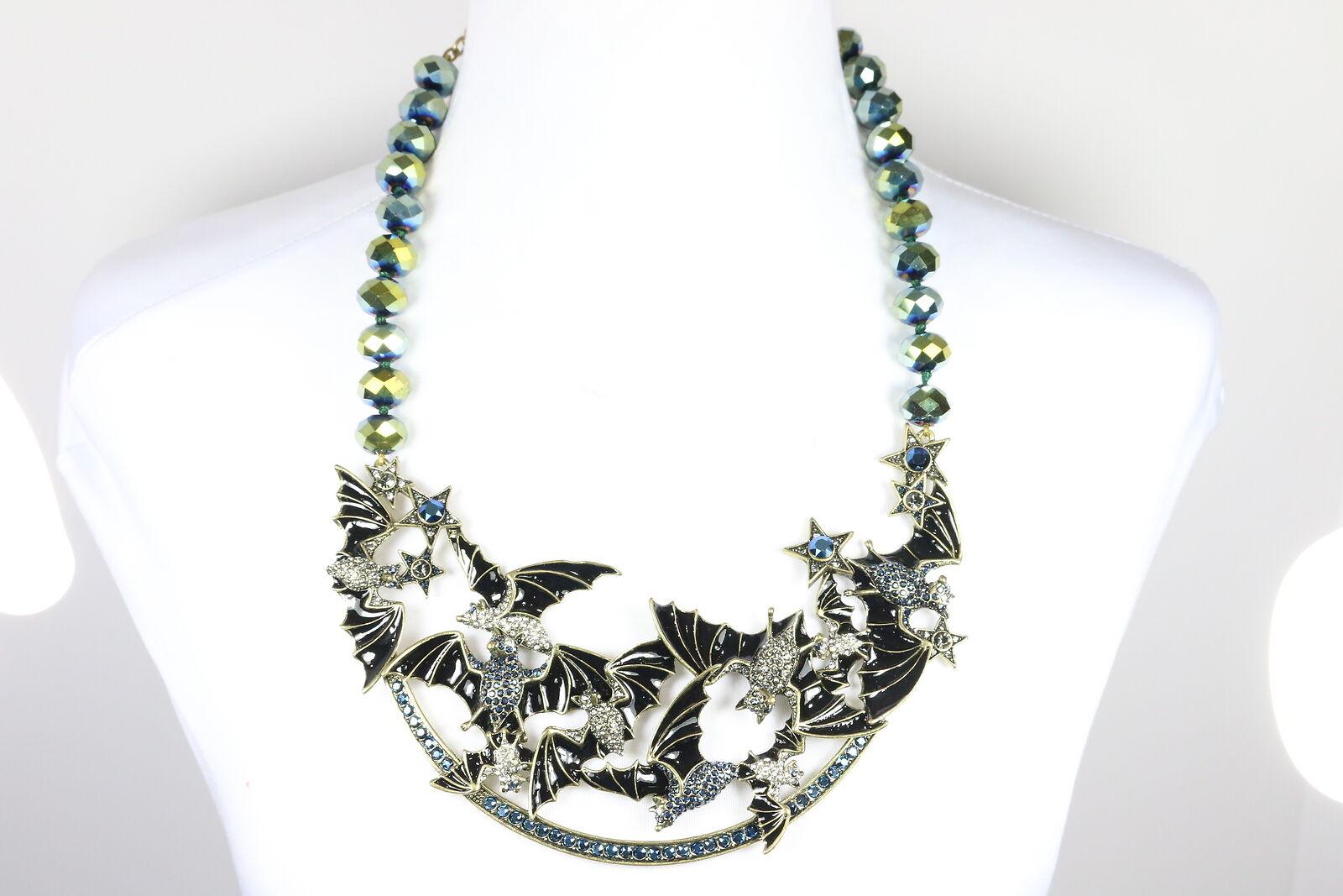 Gothic Revival Heidi Daus Brand New Going Batty Crystal Accented Beaded Bat Necklace For Sale