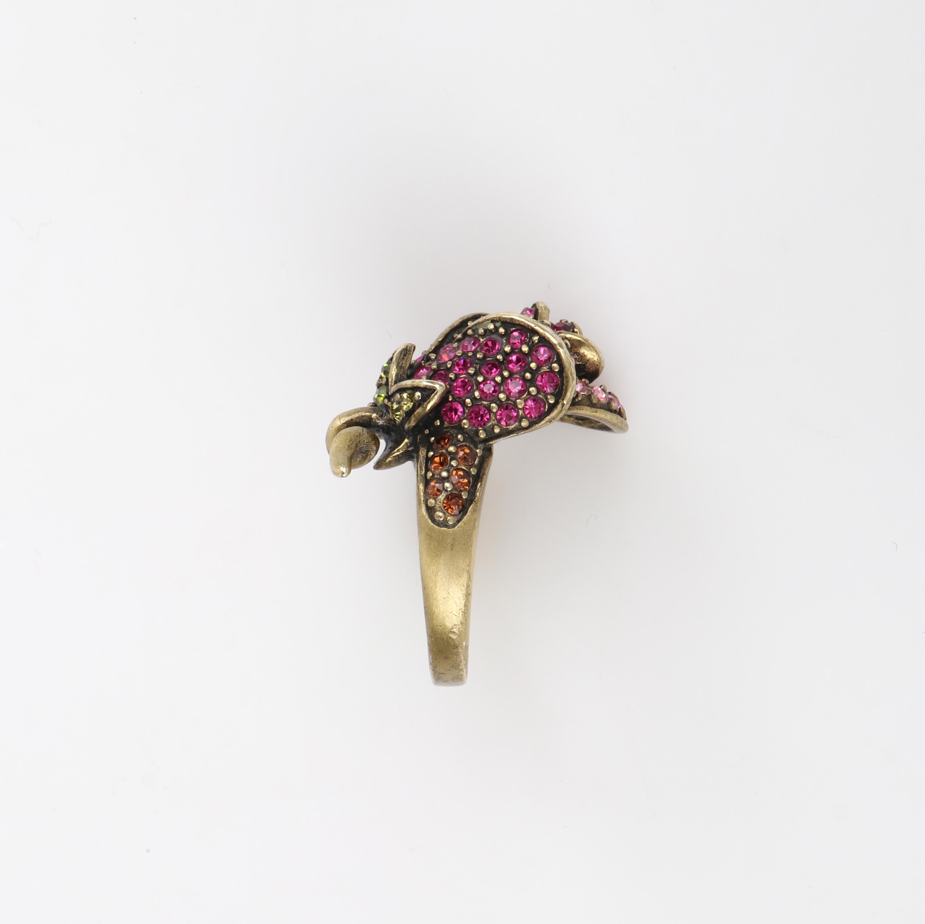 HEIDI DAUS c.2014 “Climbing Roses” Pink Green Swarovski Crystal Floral Rose Ring In Good Condition For Sale In Thiensville, WI