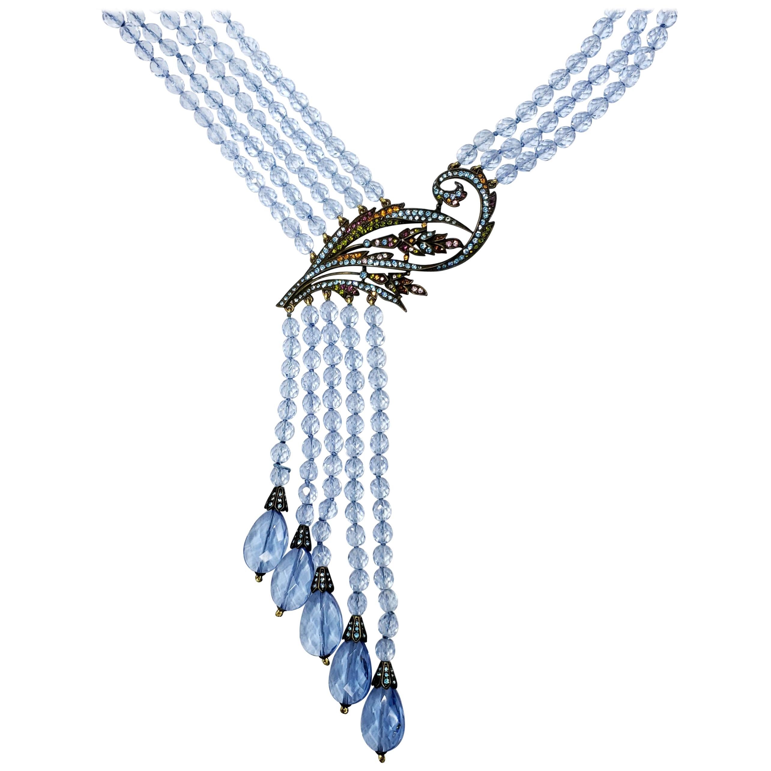 Heidi Daus Cascading Aquamarine Crystal Multi Strand Drop Lavalier Necklace