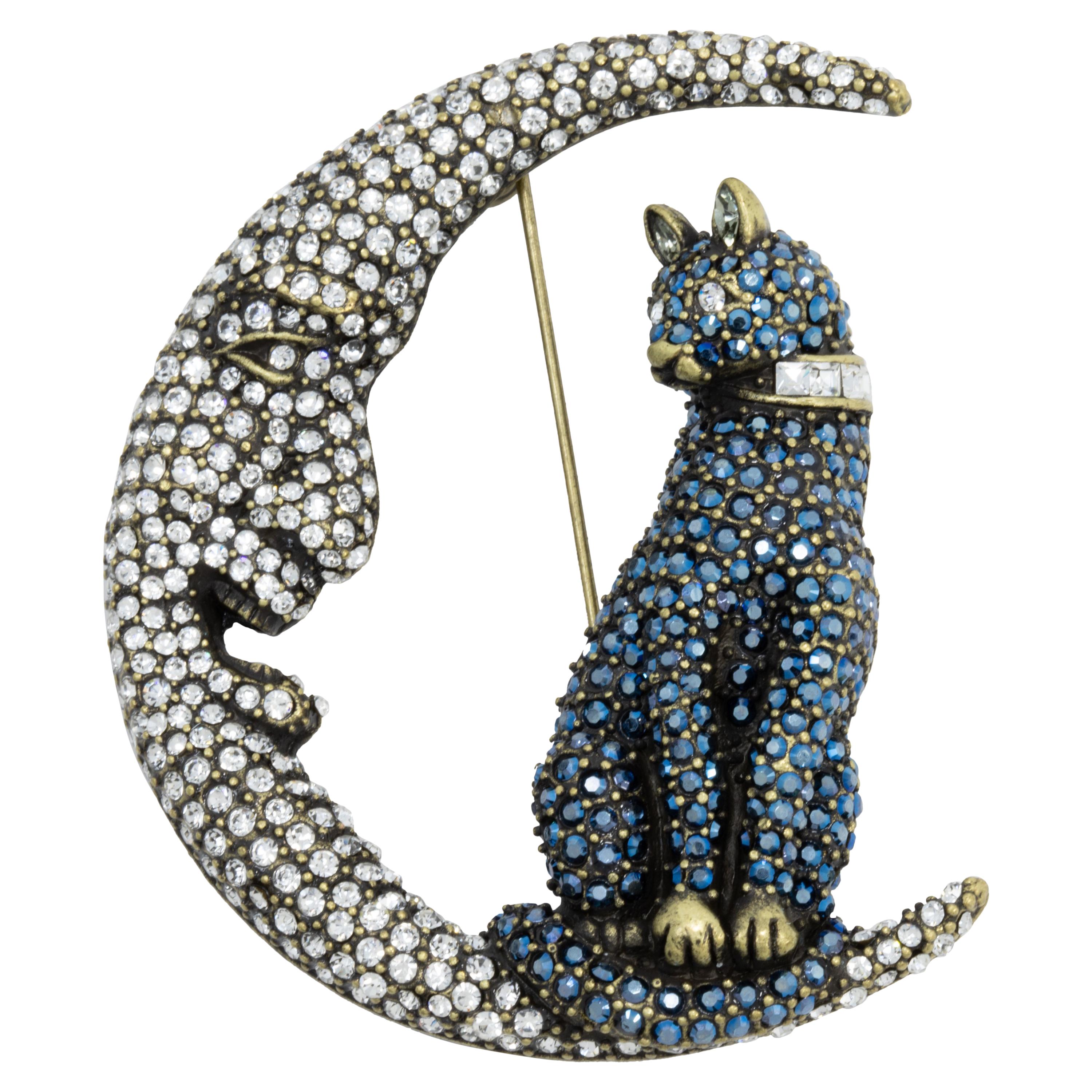 Heidi Daus Cat on the Moon Bewitching Pin Brooch, Pave Crystals, Halloween