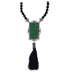 Heidi Daus Chinois Splendor Carved Jade Dragon Pendant Drop Tassel Necklace 