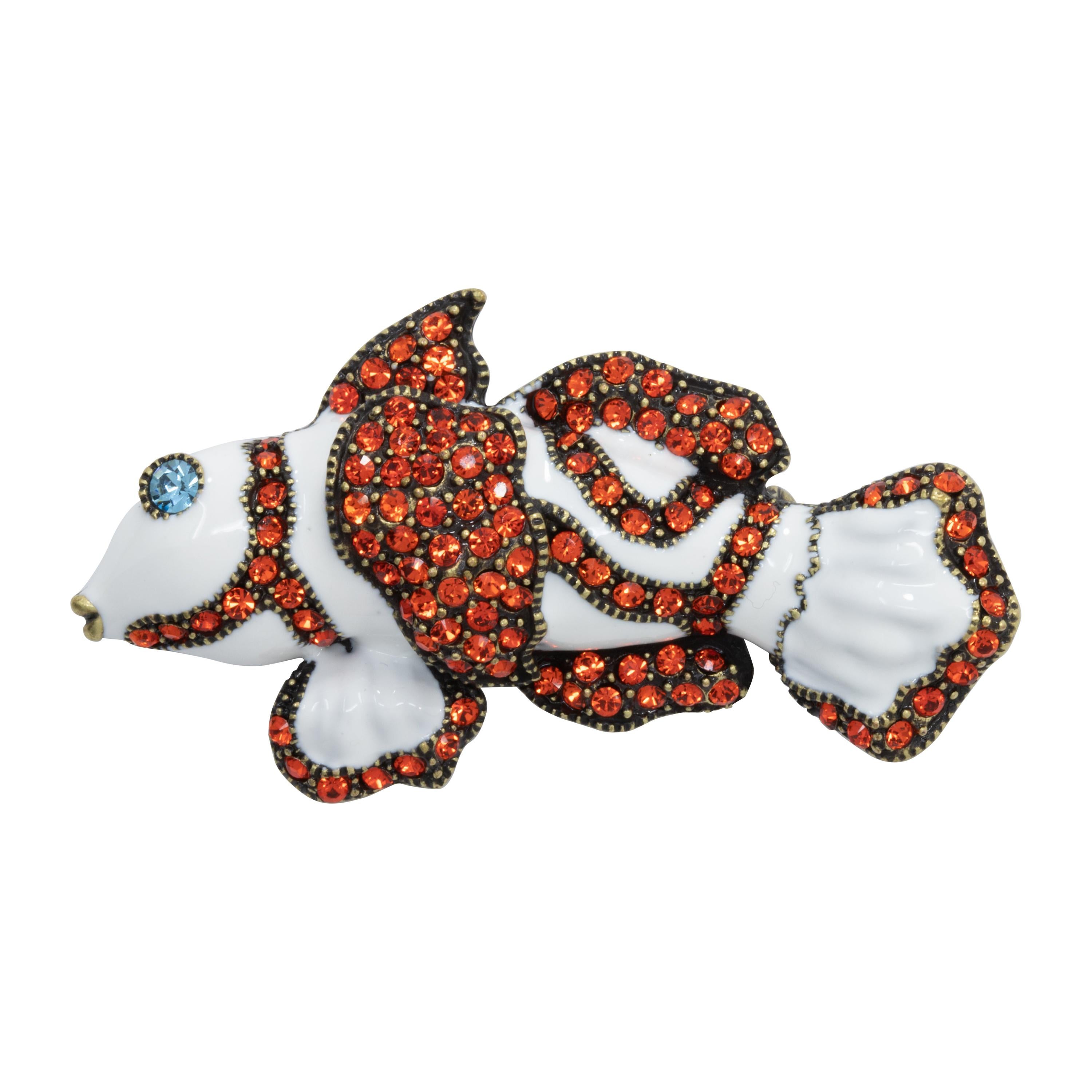 Heidi Daus Clownfish Pin Brooch, White and Orange, Crystals, Enamel, Brass Tone For Sale