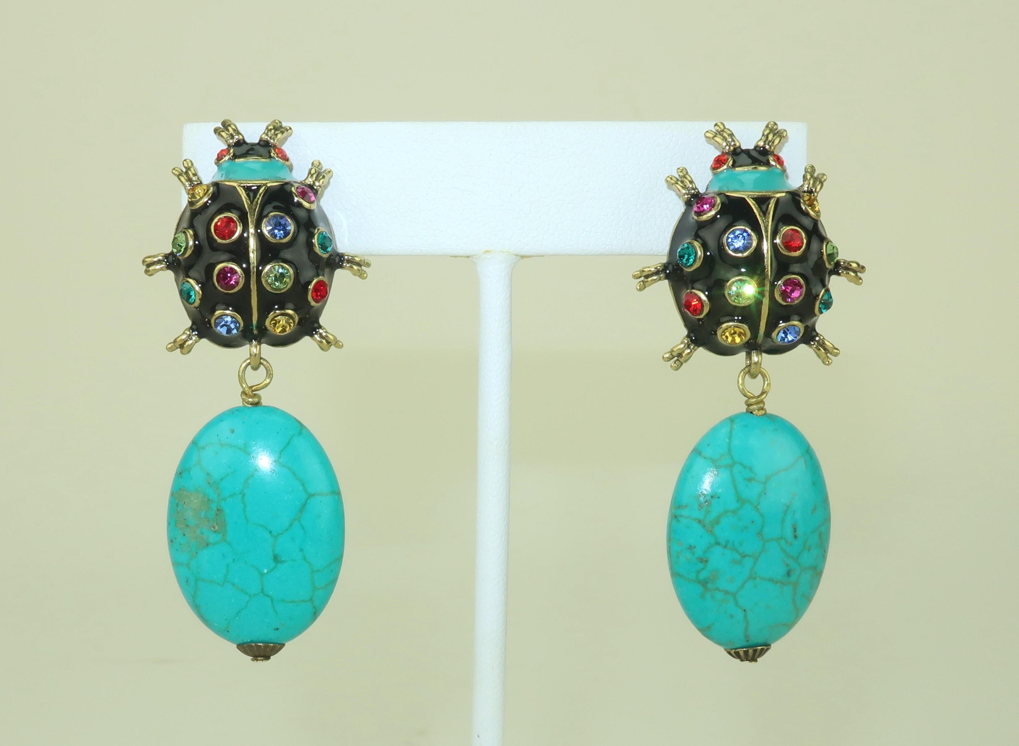 Who doesn’t love a ladybug?!?  Especially when Heidi Daus features them in her ‘Critter Couture’ earrings.  These adorable bugs are designed in enamel with a gold tone setting accented by multi-color crystal rhinestones and a faux turquoise drop