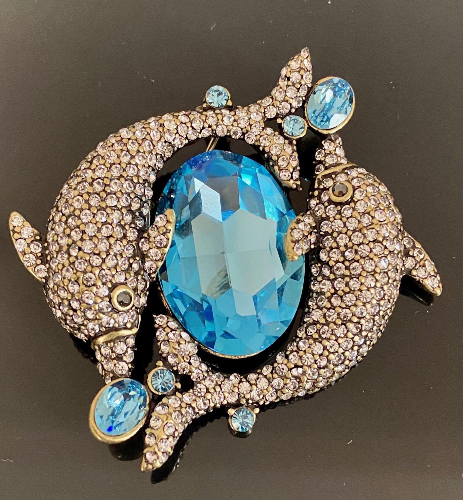 Heidi Daus Cycle of the Sea Crystal Accented Dolphins Pair Pin Brooch In New Condition For Sale In Houston, TX