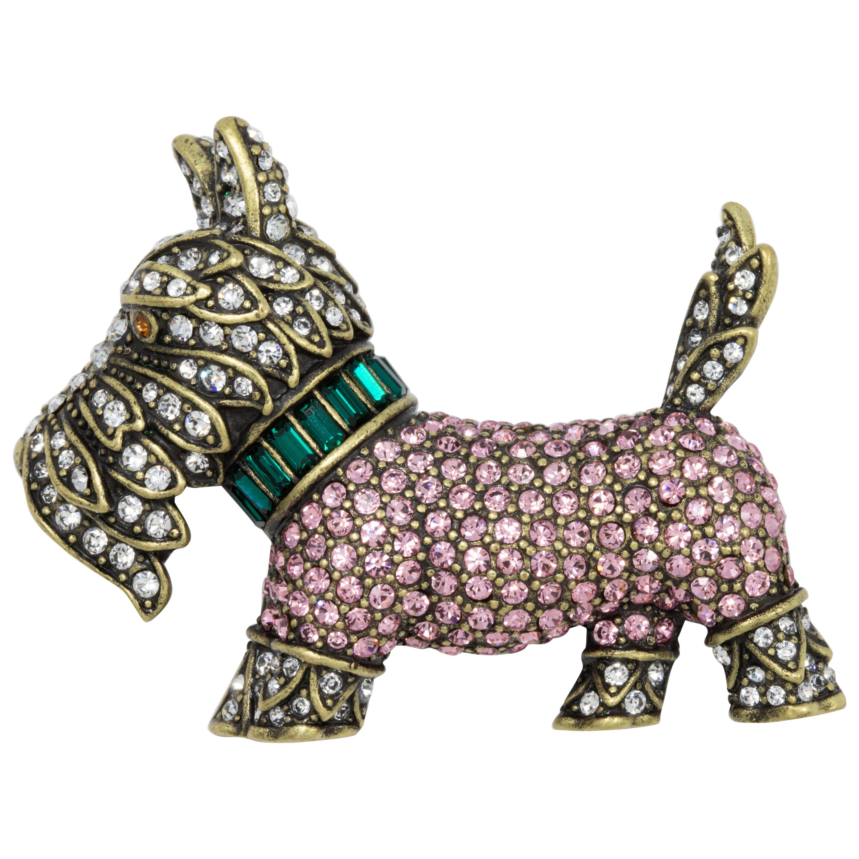 Heidi Daus Diamond in the Woof Scottie Dog Brooch Pin, Pink Green Clear Crystals