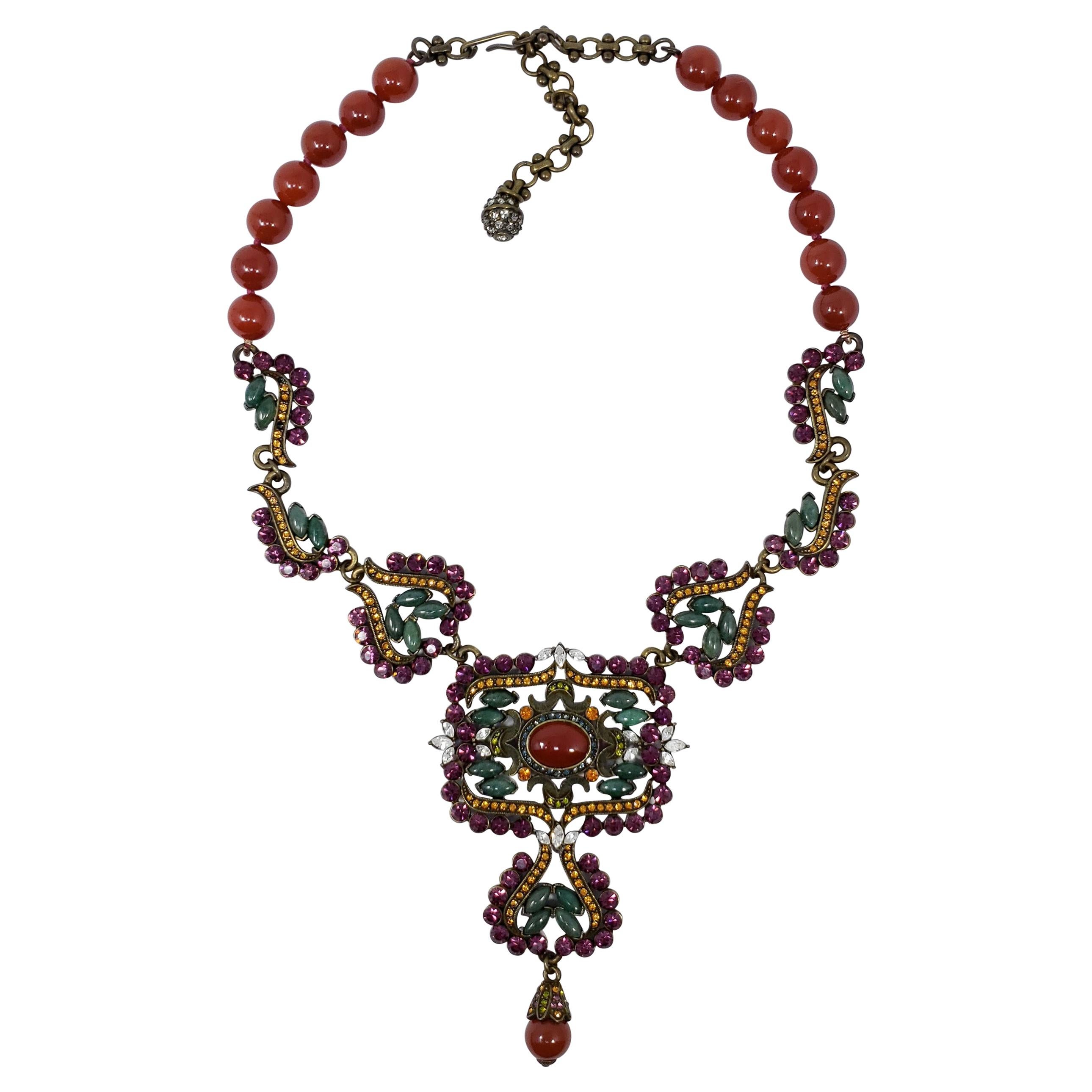 Heidi Daus Dramatic Pendant Bead Necklace, Carnelian, Amethyst, Jade Crystals