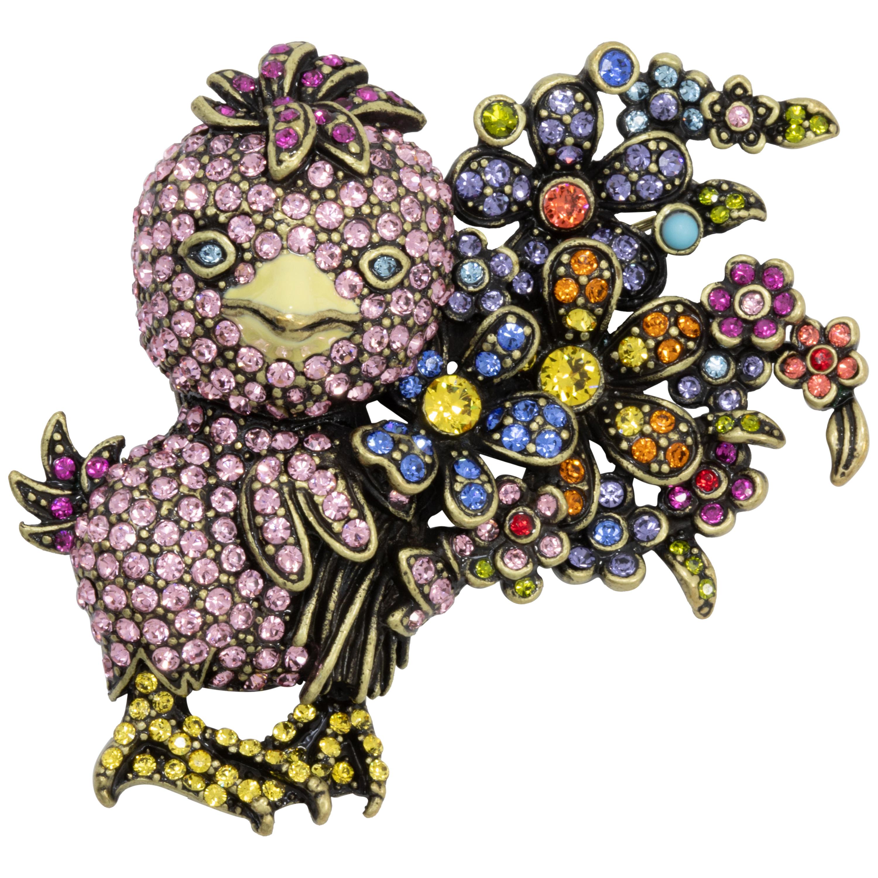 Heidi Daus Duck Tales Crystal Jewel Chick Floral Pin with Bouquet, Brass Tone For Sale