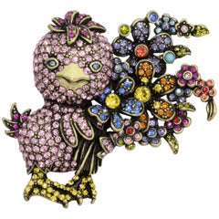 Heidi Daus Duck Tales Crystal Jewel Chick Floral Pin with Bouquet, Brass Tone