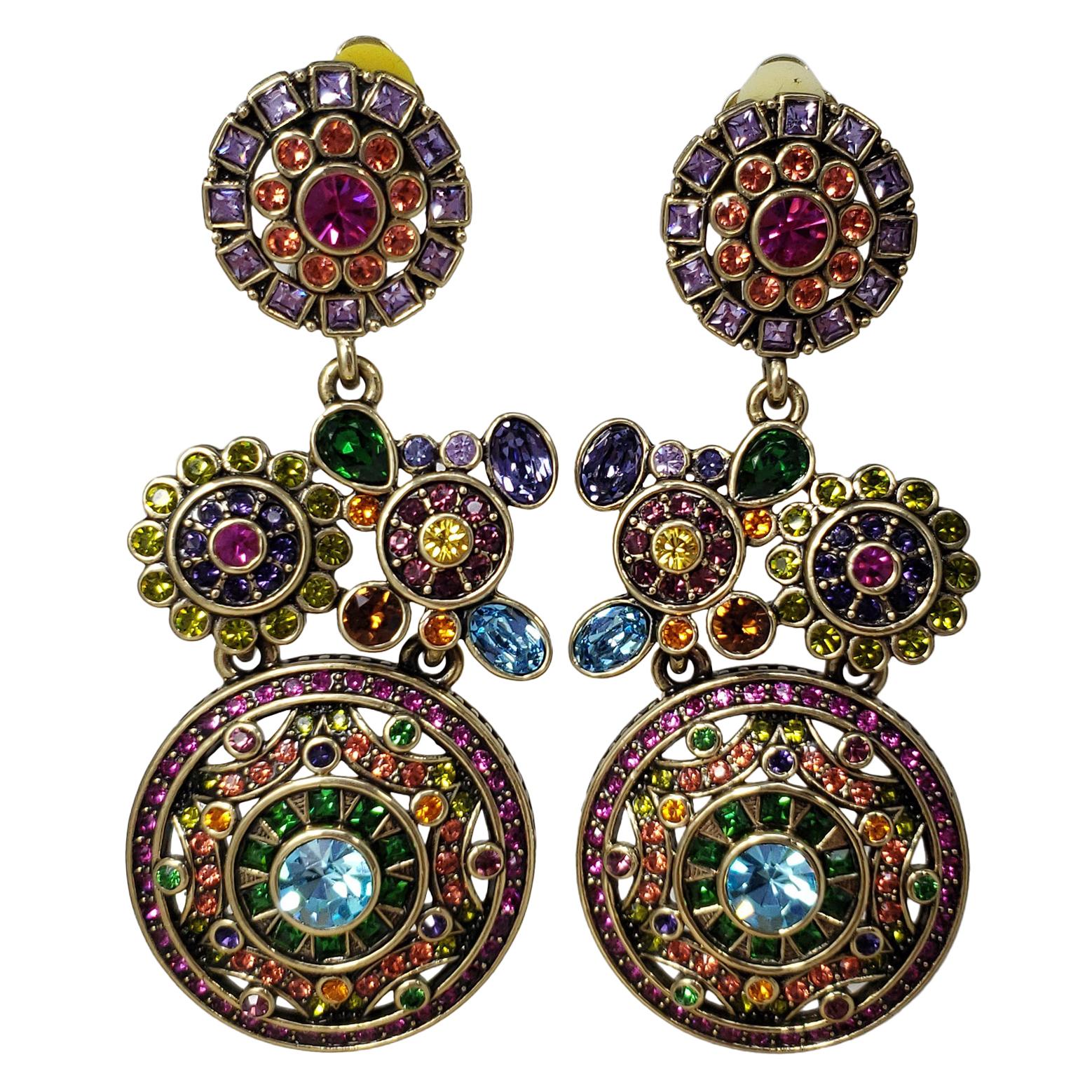 Heidi Daus Embellished Kaleidoscope Flower Crystal Large Dangling Clip Earrings