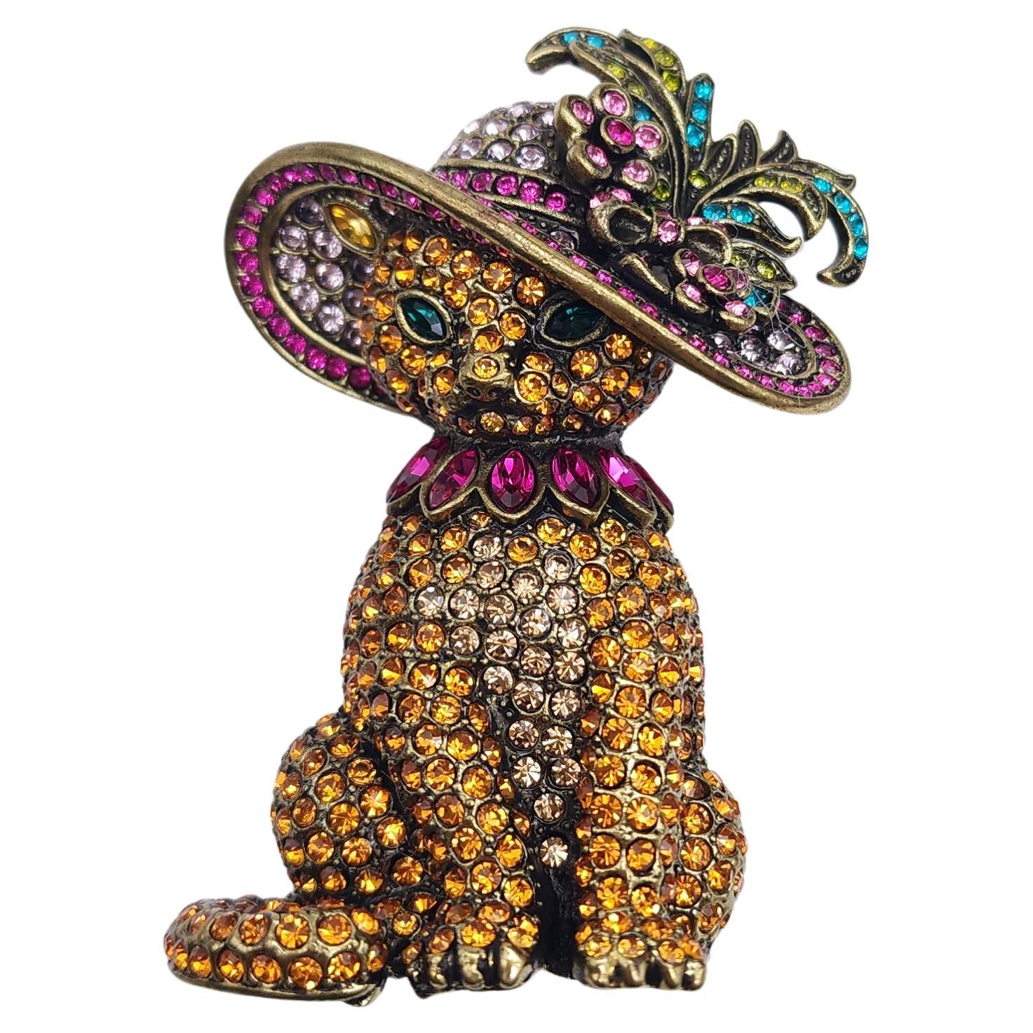 Heidi Daus "Fabulous Tabby" Crystal-Embellished Cat Brooch in Antiqued Gold