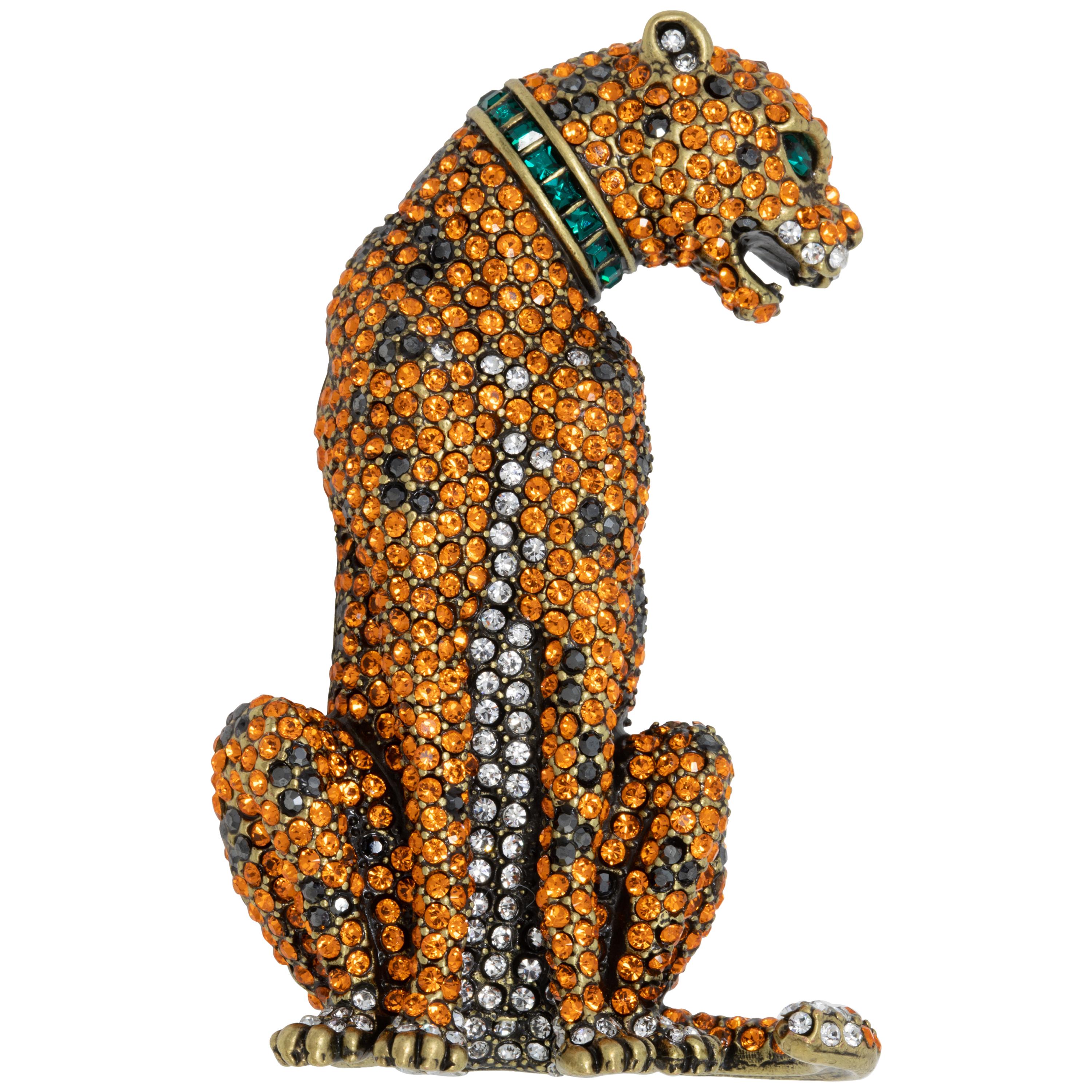 Heidi Daus Feline and Fierce Tiger Pin Brooch, Crystal Emerald, Topaz, Hematite For Sale