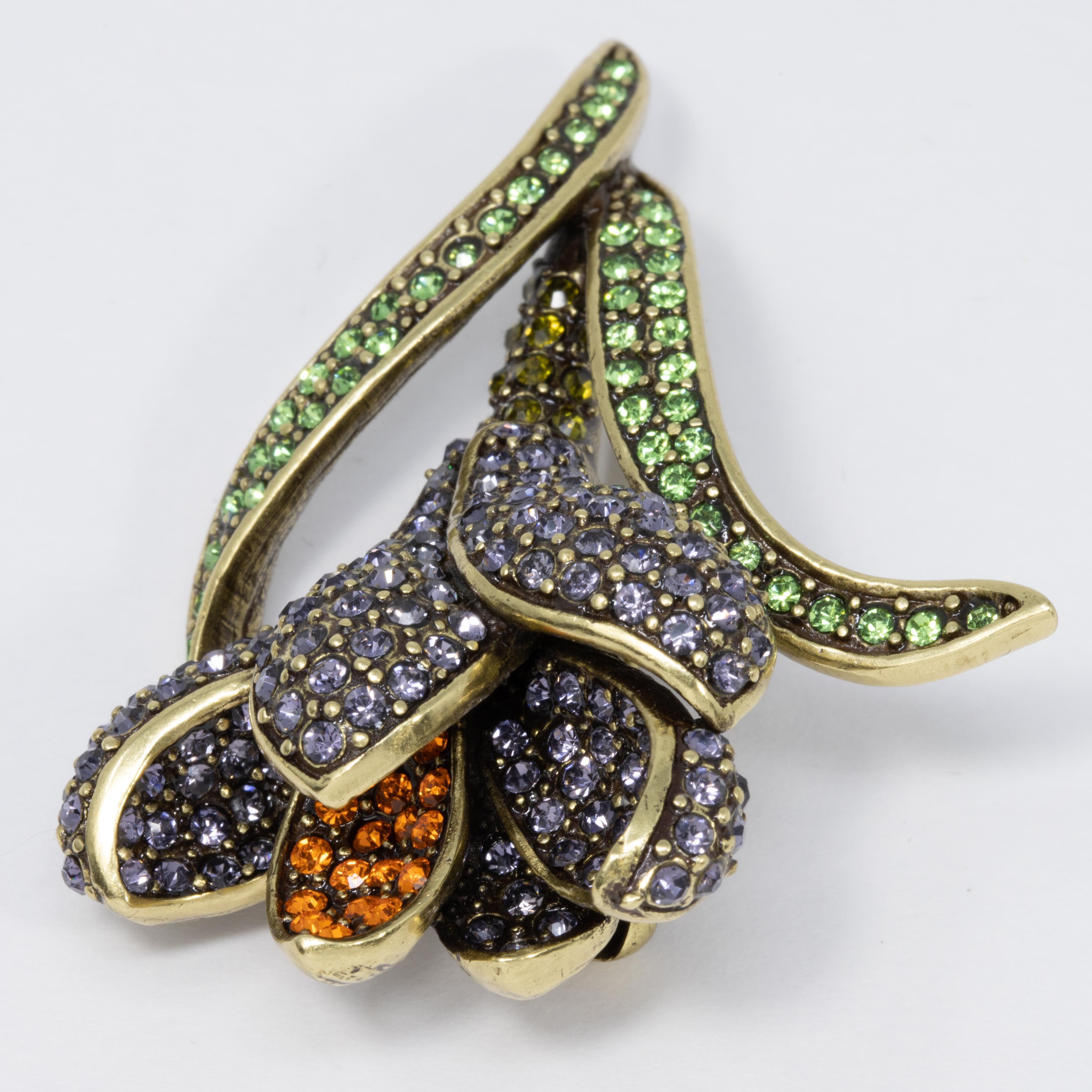 Heidi Daus Flowing Flower Pin Brooch, Pave Crystals and Antique Brass Tone In New Condition In Milford, DE