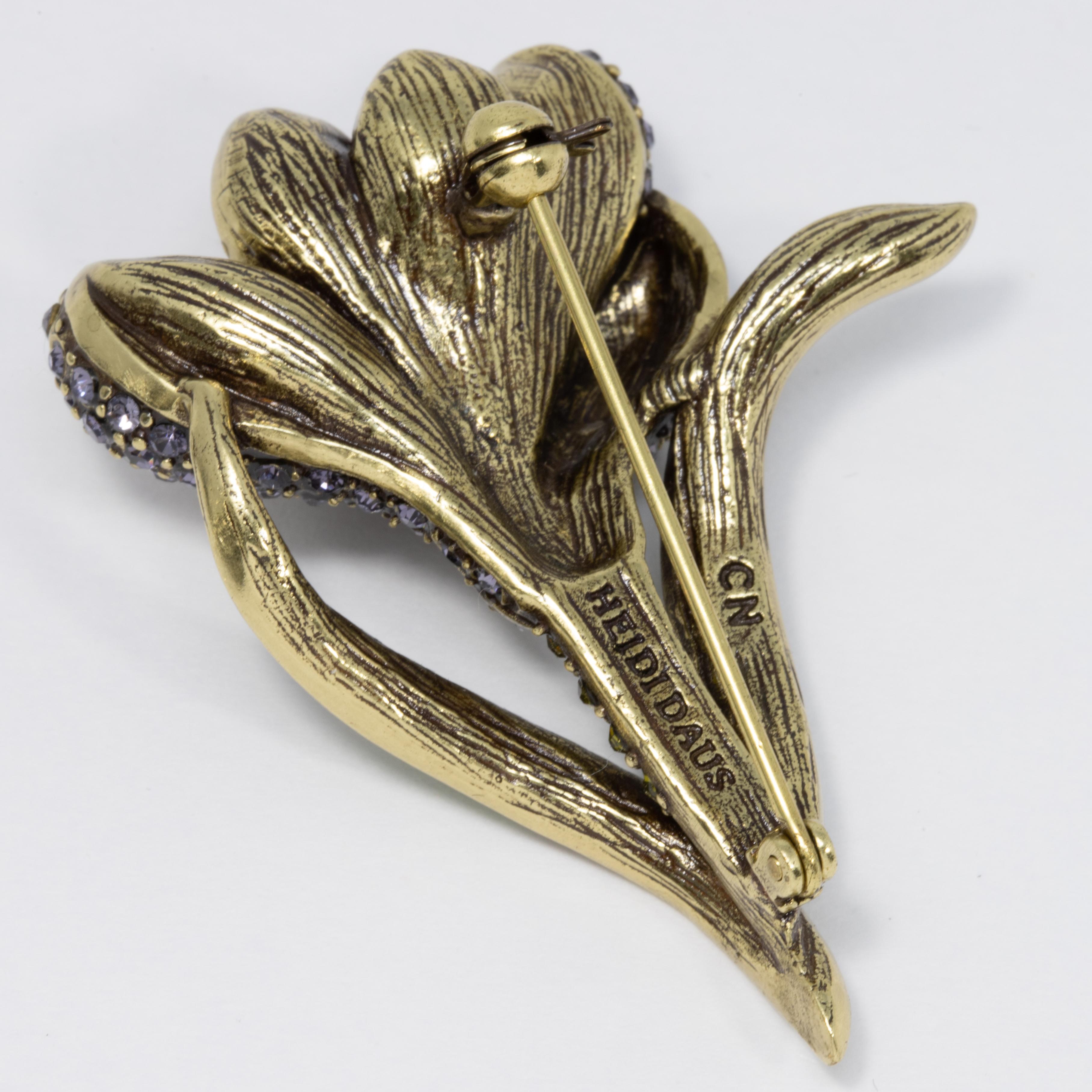 Women's or Men's Heidi Daus Flowing Flower Pin Brooch, Pave Crystals and Antique Brass Tone
