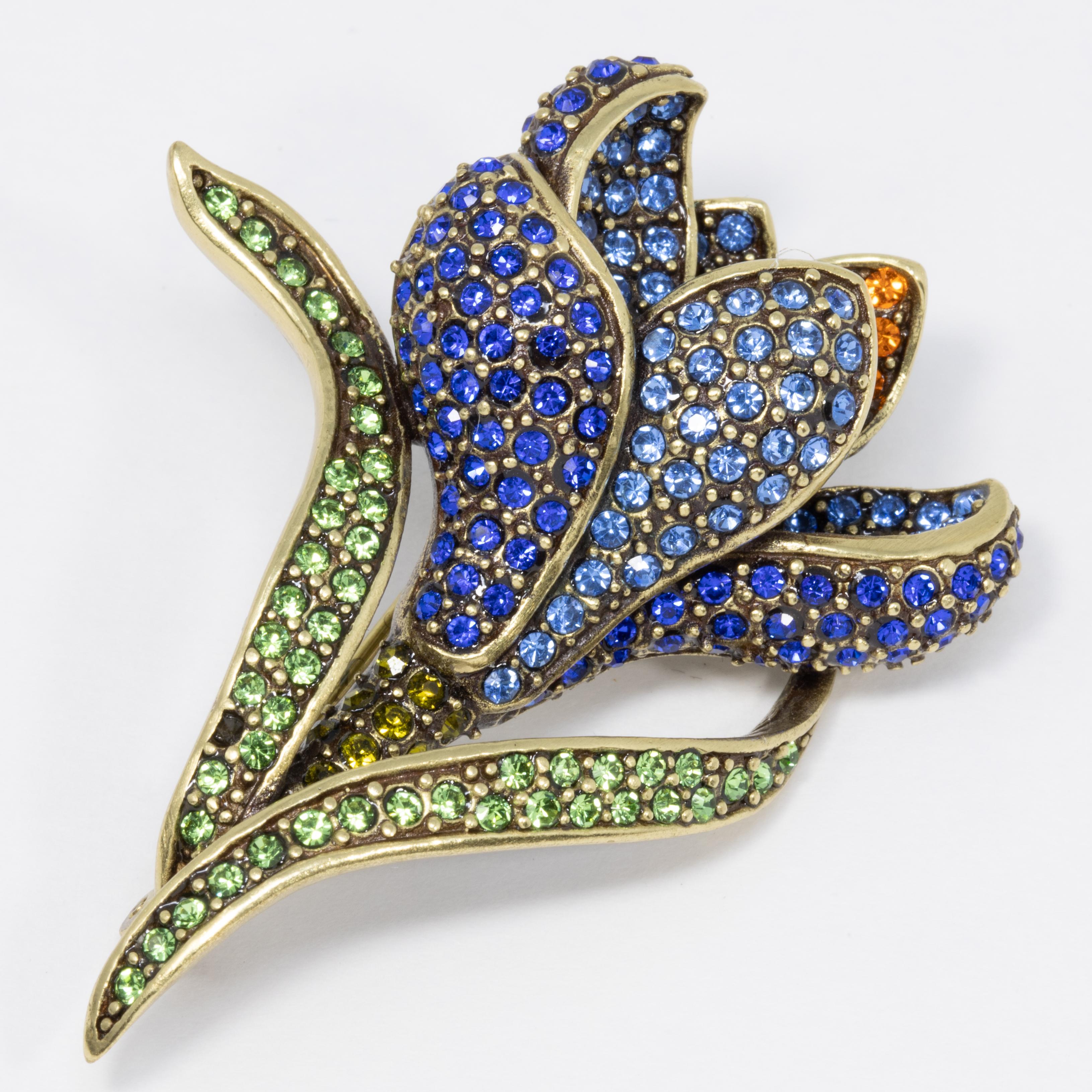 Women's or Men's Heidi Daus Flowing Flower Pin Brooch, Pave Crystals and Antique Brass Tone