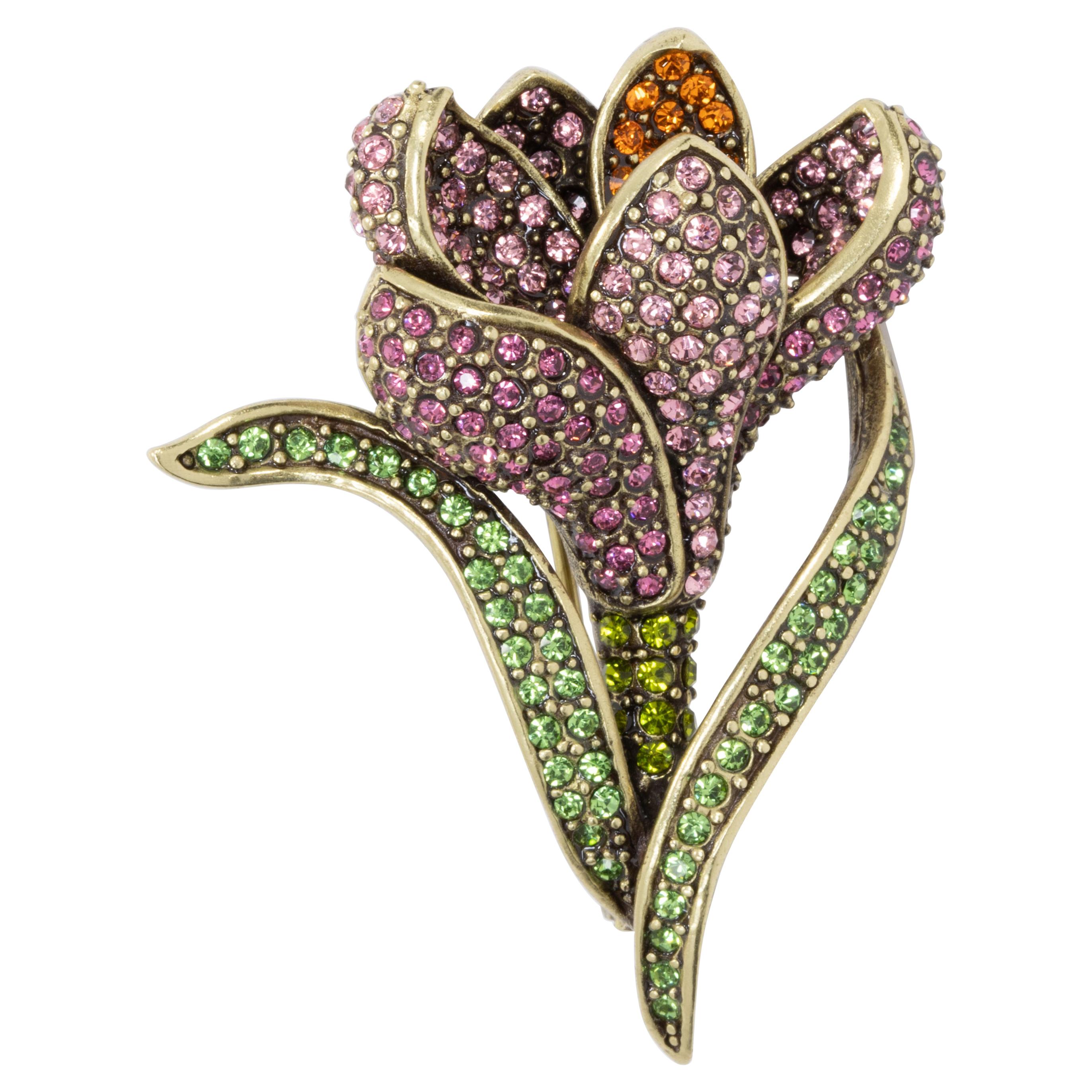 Heidi Daus Flowing Flower Pin Brooch, Pave Crystals and Antique Brass Tone For Sale