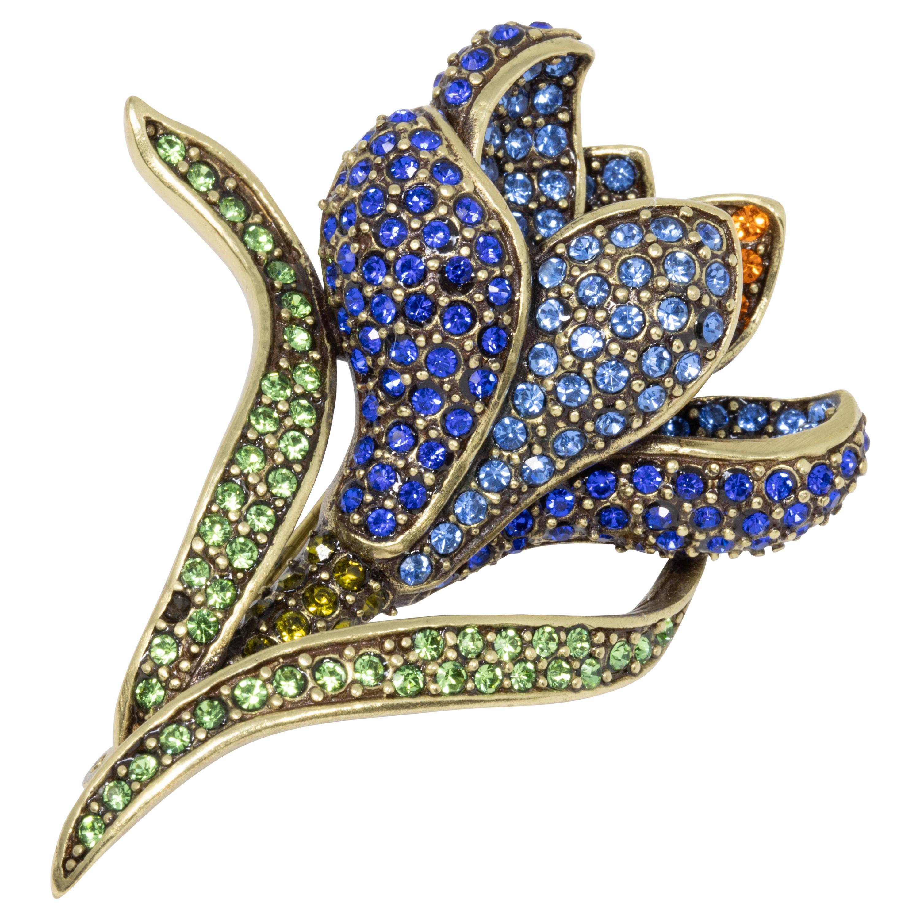 Heidi Daus Flowing Flower Pin Brooch, Pave Crystals and Antique Brass Tone